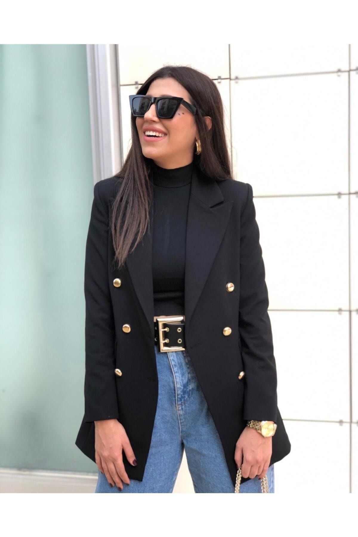 Ashley Büyük Beden Uzun Gold Düğmeli Siyah Blazer Ceket