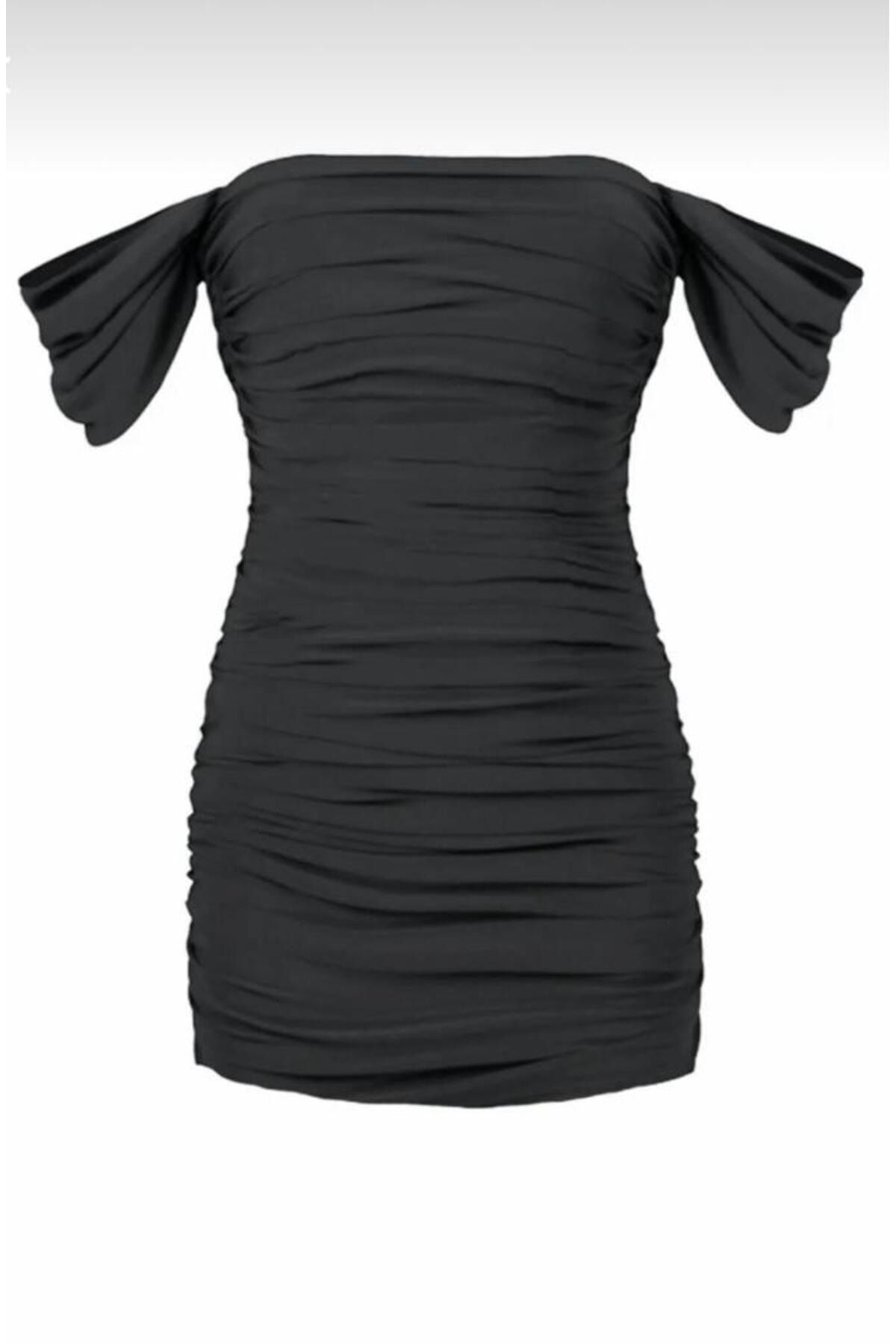 Zagrep Kadın Siyah Drapeli Büzgülü Kollu Astarlı İç Göztermez Mini Elbise