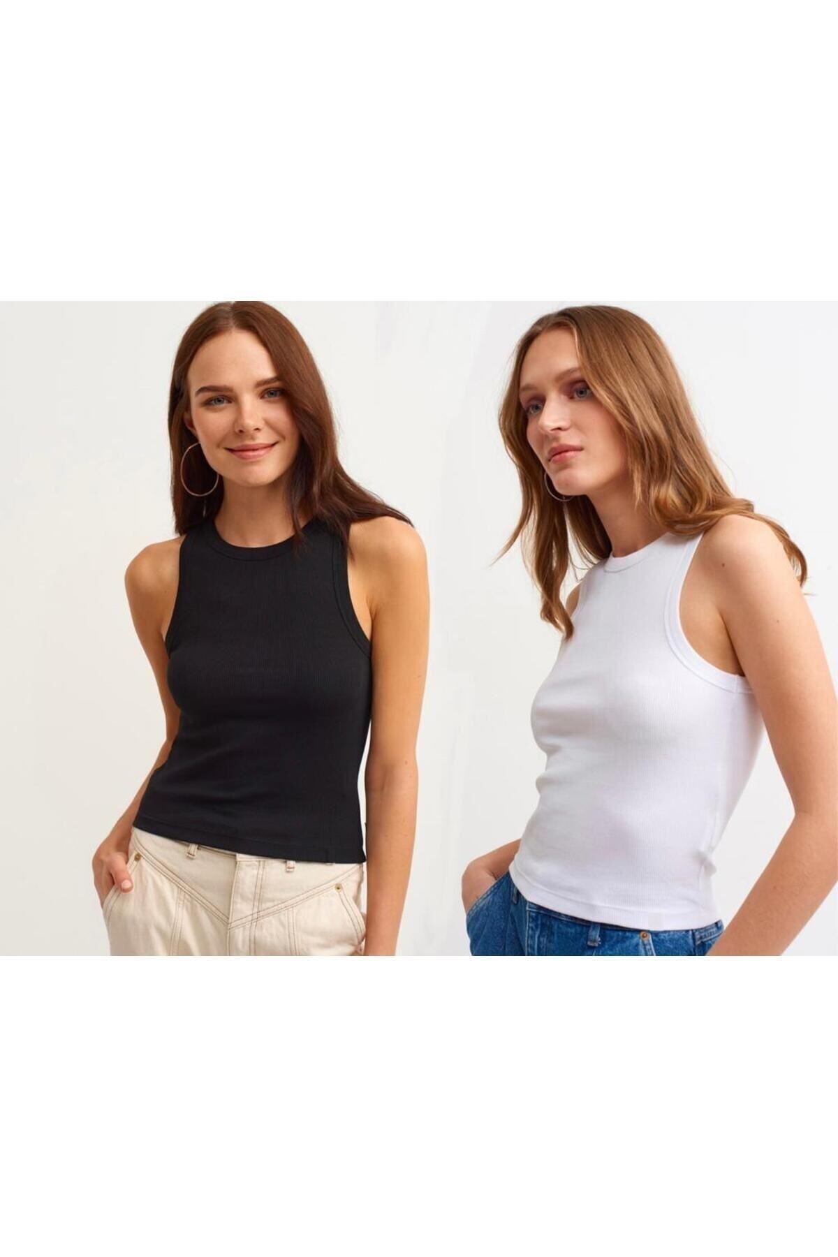 DryMod Kadın 2'li Paket Fitilli Halter Yaka Örme Atlet T-Shirt