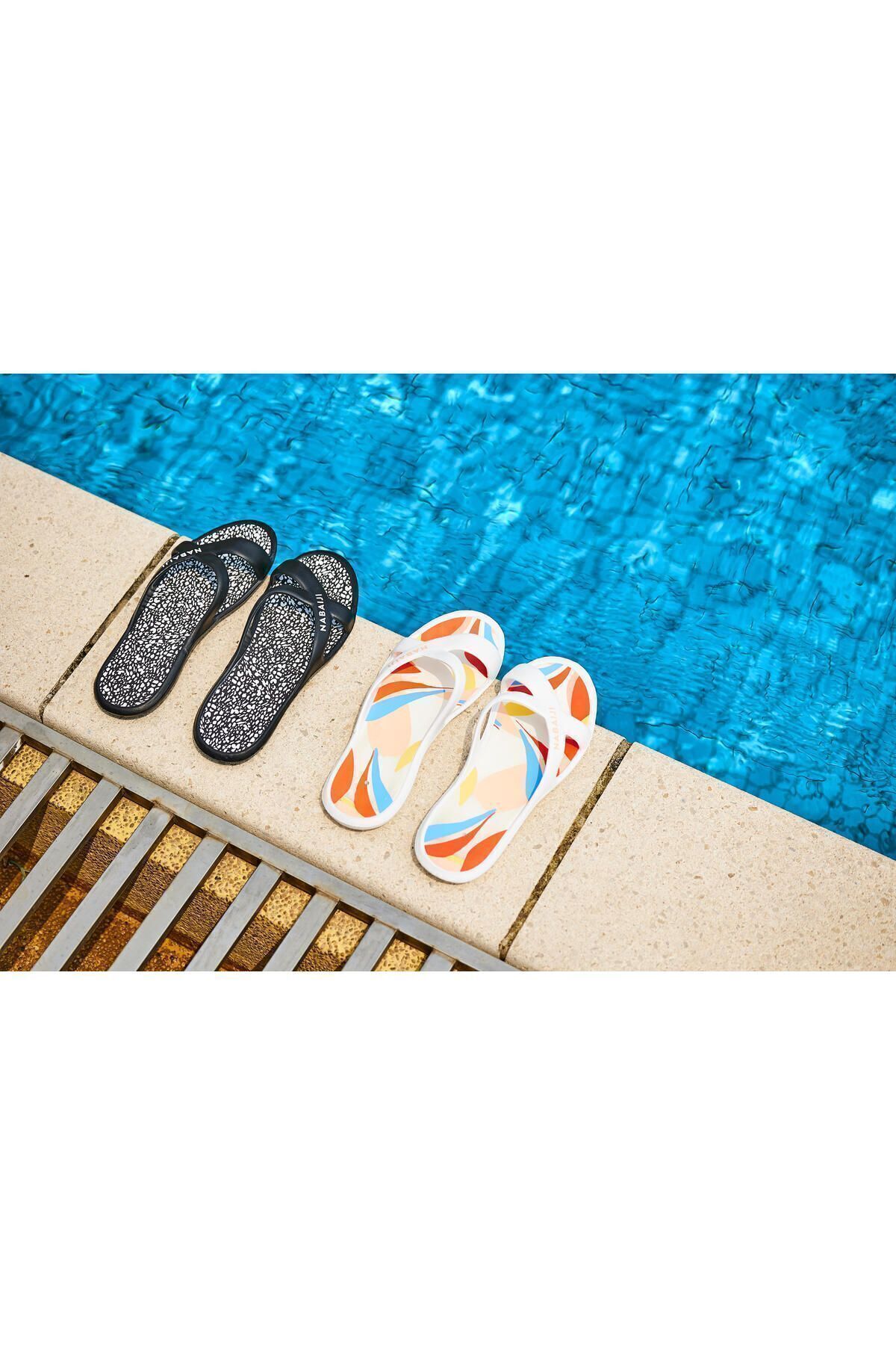 Decathlon Kadın Havuz Terliği - Beyaz / Siyah - Slap 500 Lea