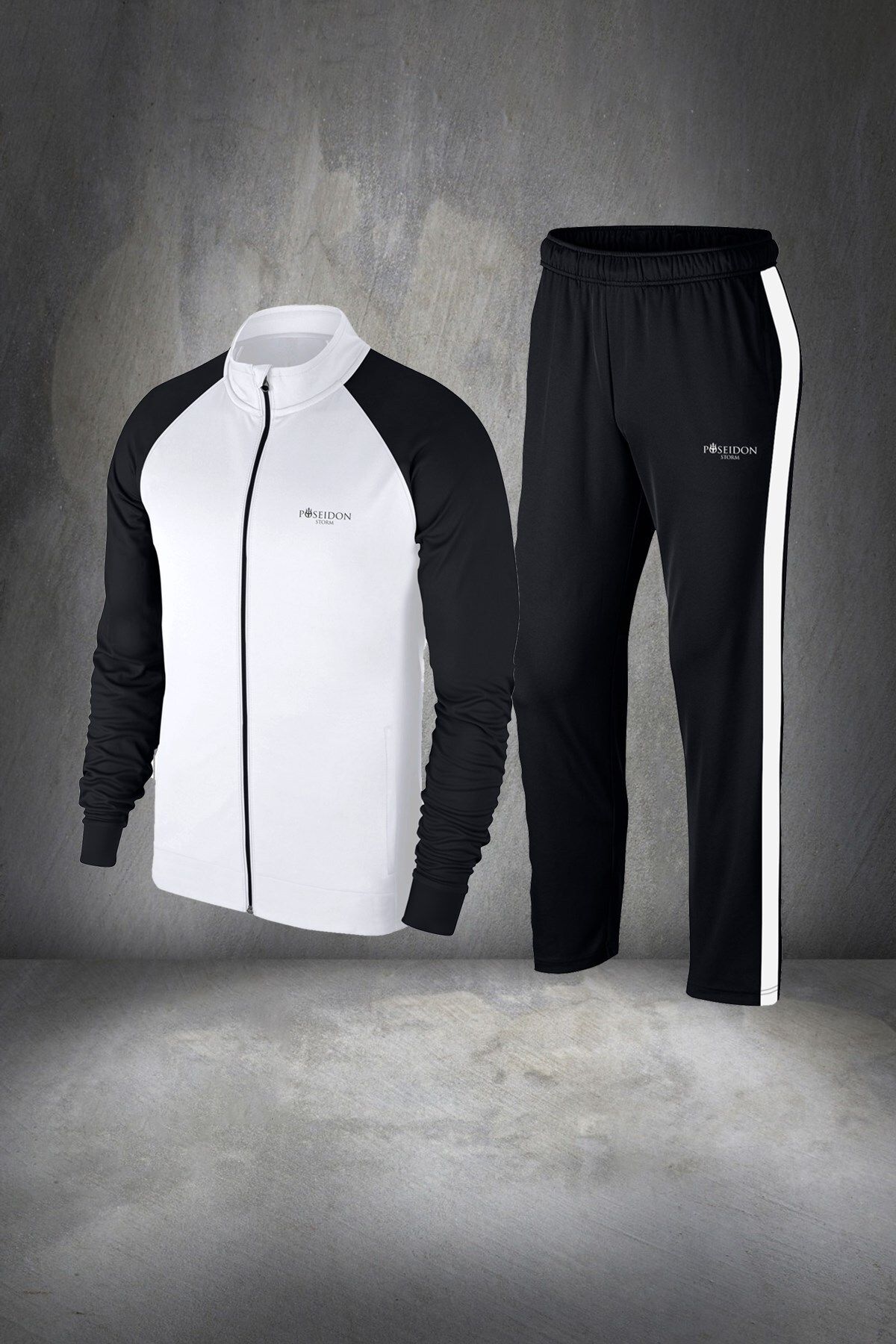 POSEIDONSTORM Erkek Beyaz Özel Supra Penye Kumaş Fermuarlı Sweatshirt ve Eşofman Altı Takım Seti S-3XL