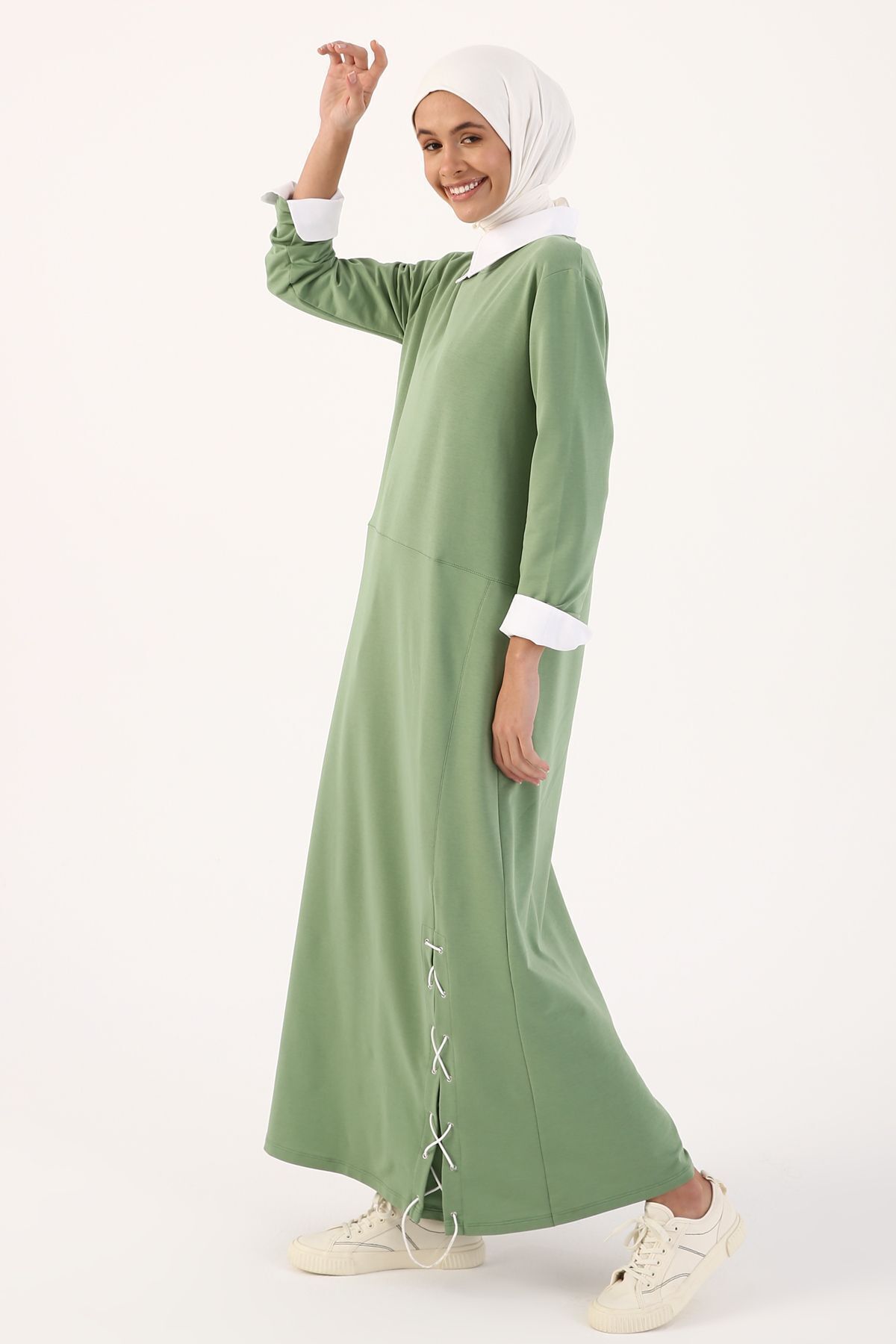 ALLDAY Yeşil Bağcıklı Yırtmaçlı Baskı Detaylı Elbise