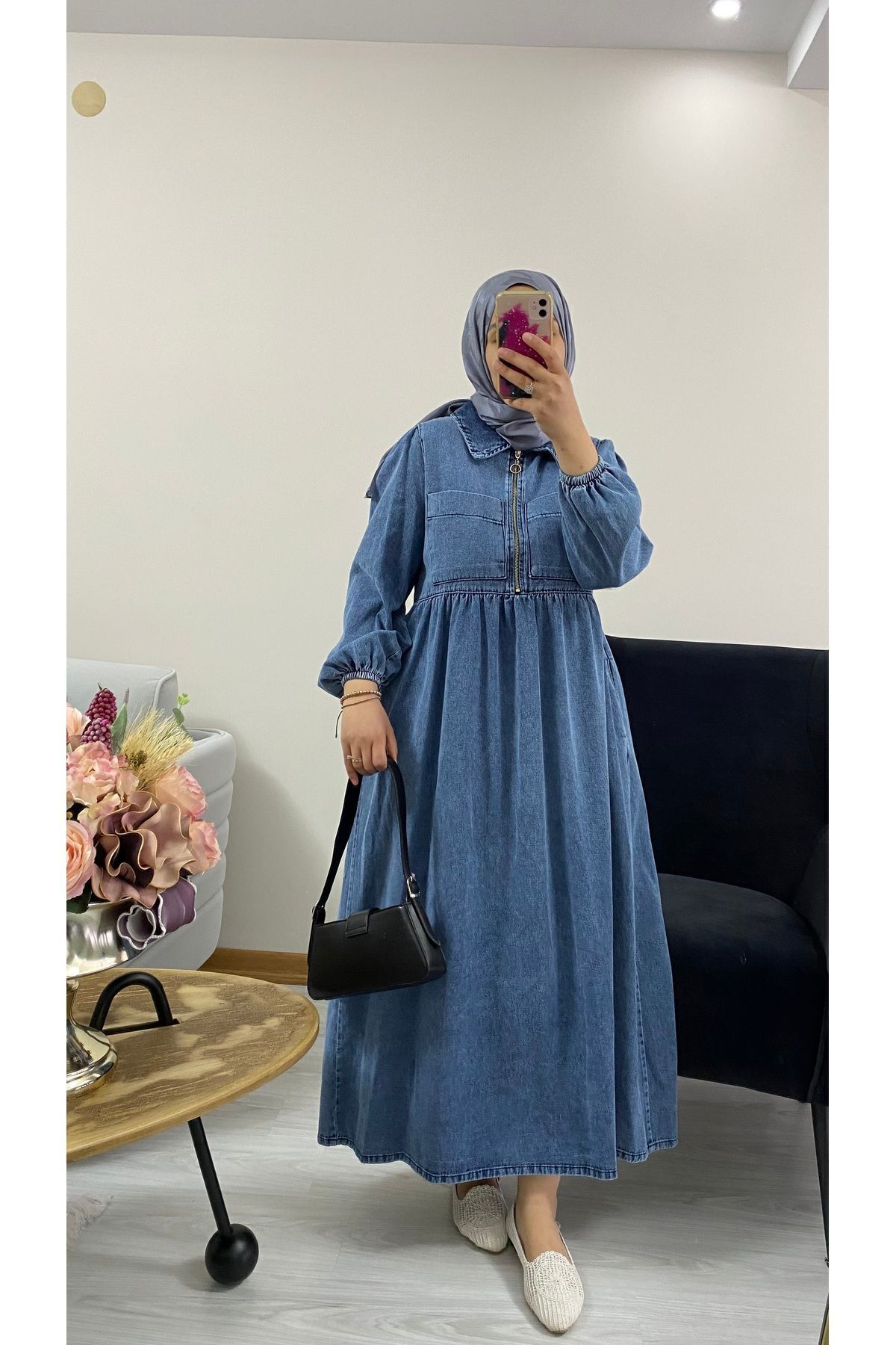 Aden aydın Mavi Renk Maxi Boy Premium  Kalite Fermuarlı Cepli Tesettür Denim Elbise/Kot  Elbise