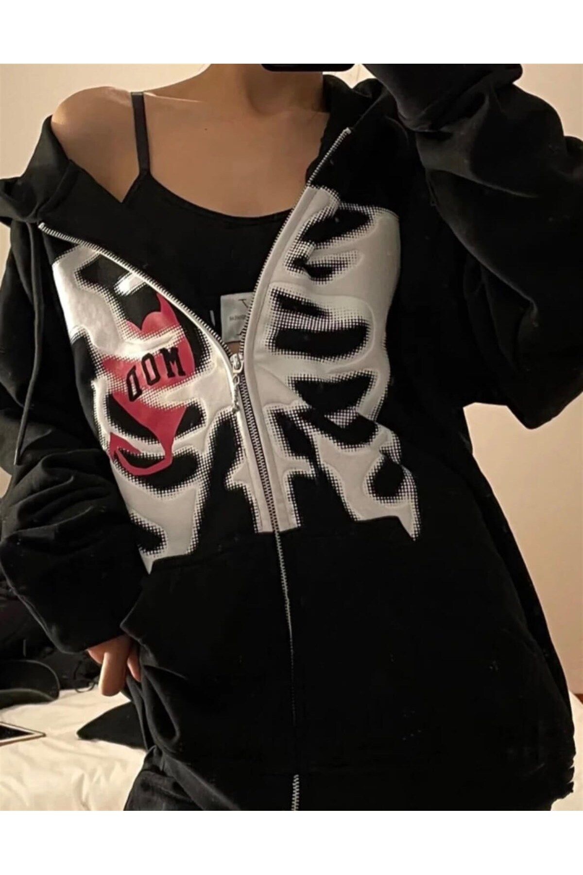 Köstebek Touz Siyah Harajuku Chest And Heart (UNİSEX) Kapşonlu