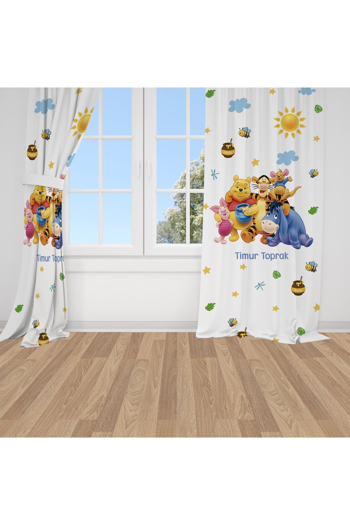 Bebemotto Winnie The Pooh 3, Beyaz, Sarı, Mavi Ithal Kumaş, Çocuk Odası, Bebek Odası Fon Perde - 1 Kanat
