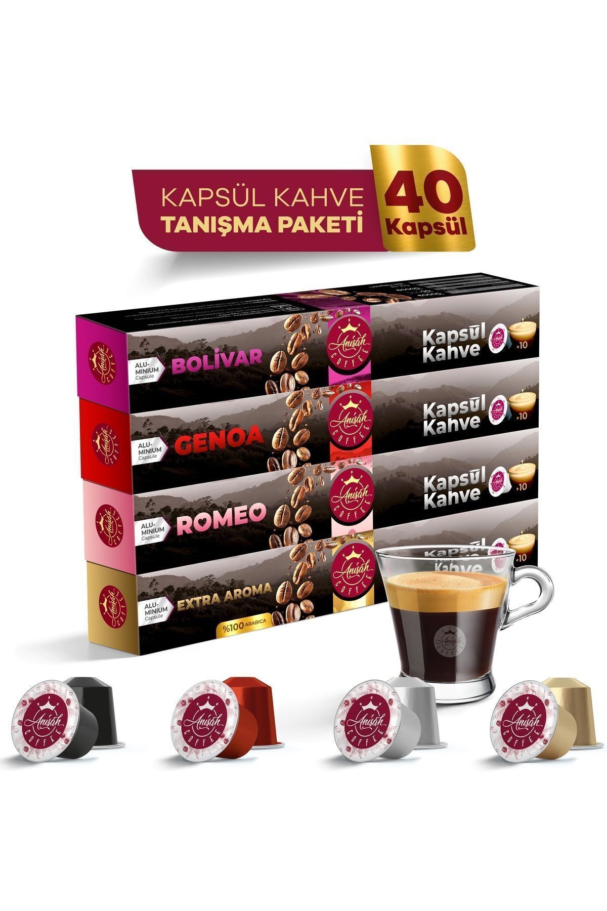 Anisah Coffee Kapsül Kahve Seti 40 Adet Bolivar Genoa Romeo ve Extra Aroma