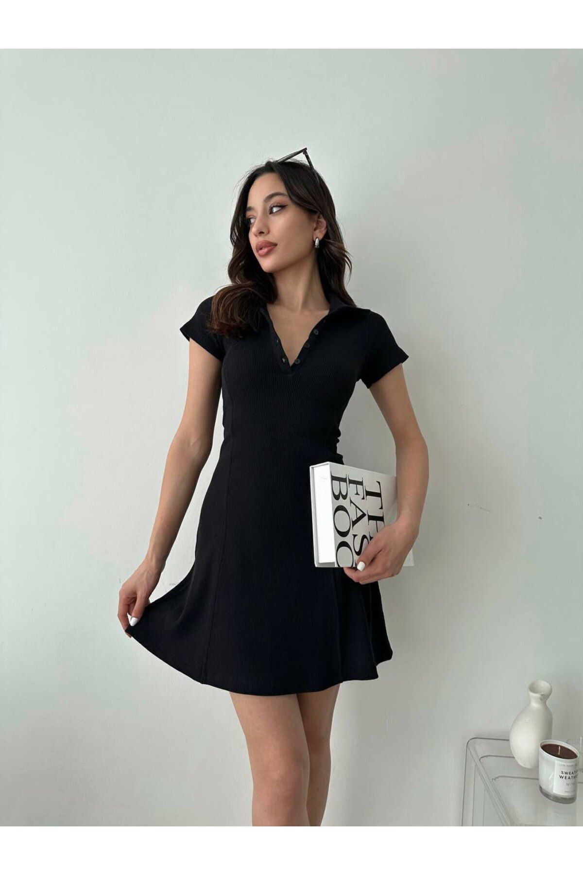 Lunaberry Siyah Mezuniyet Elbise-kadın Düğmeli Polo Yaka Gece Elbisesi-bayram Kına Nişan