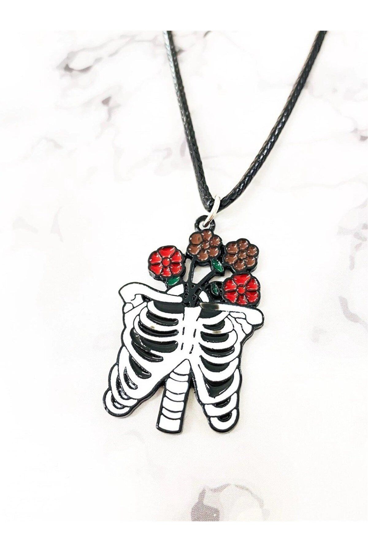 Touz Moda Skeleton Rib And Roses Necklace Kolye