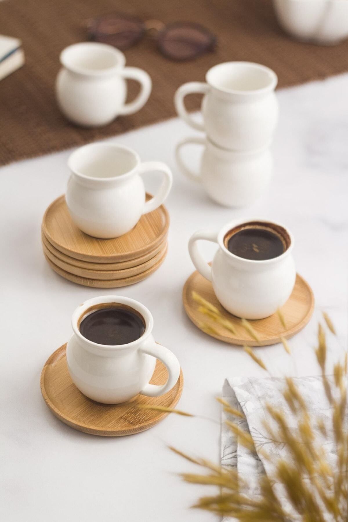 EWs Bambu Tabaklı Porselen 6 Lı Kahve Fincanı Seti