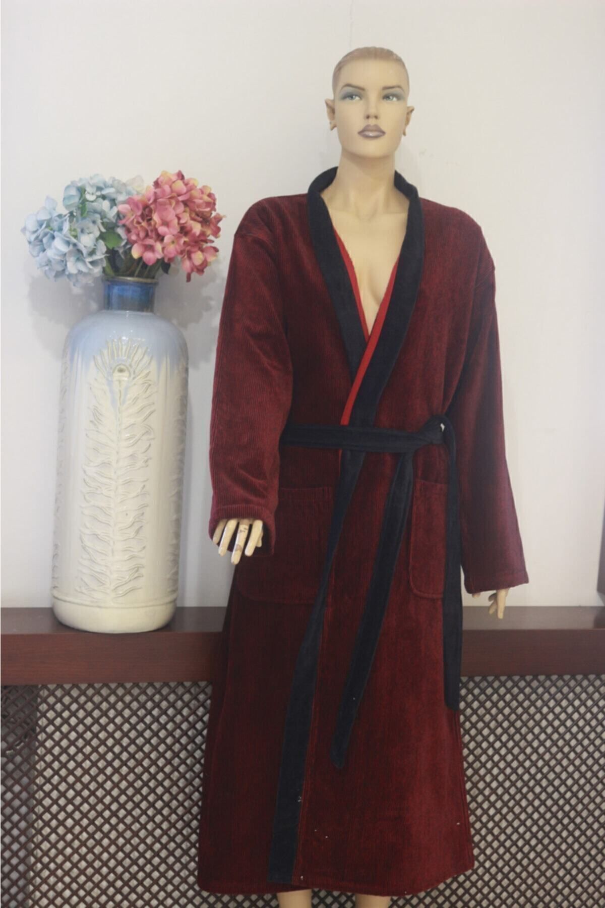 Ender Home İplik Boya Fitilli Kadife Bornoz Kimono Model Bornoz