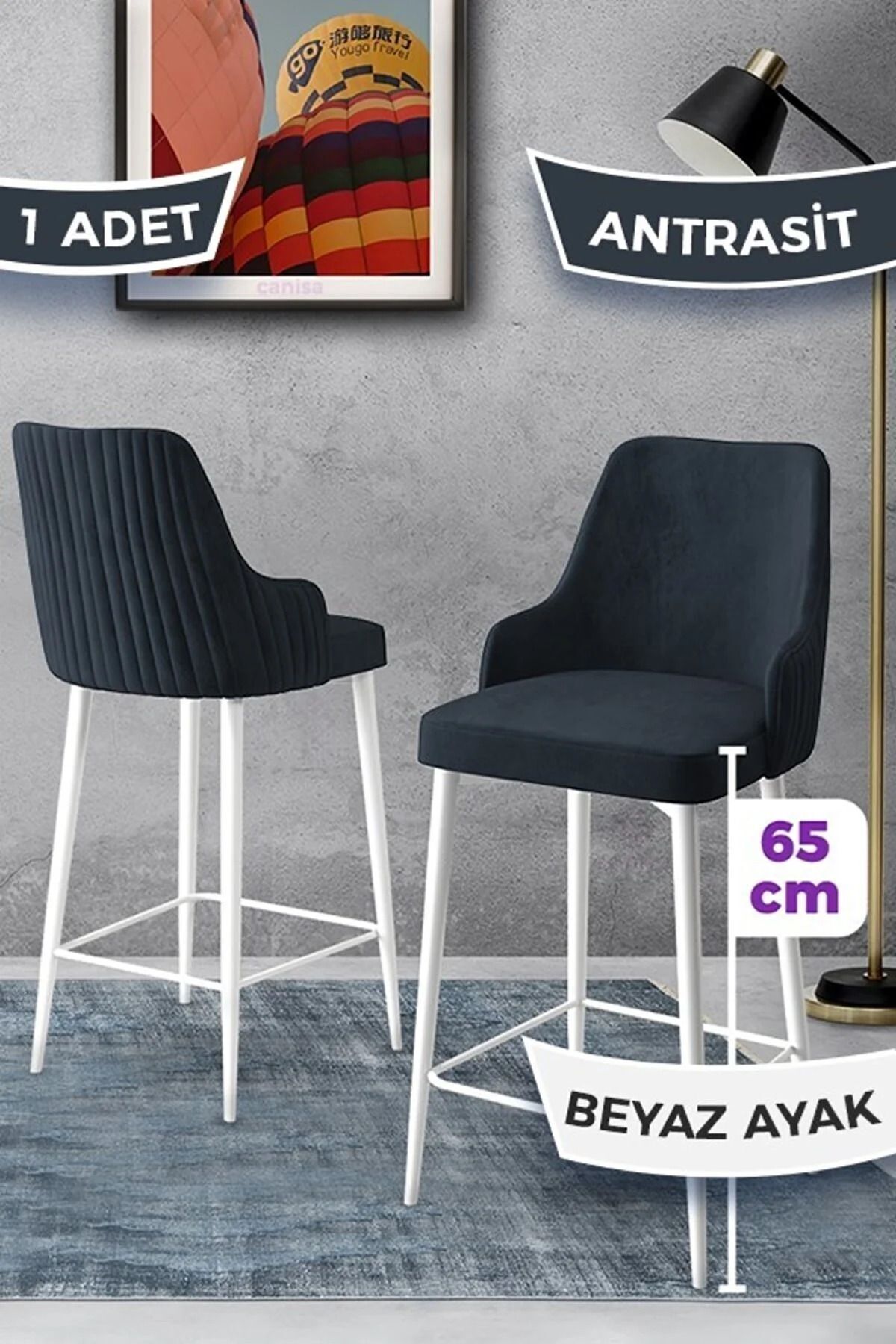 Canisa Tera Serisi 1 Adet 65 Cm Antrasit Ada Mutfak Bar Sandalyesi Babyface Kumaş Beyaz Metal Ayaklı