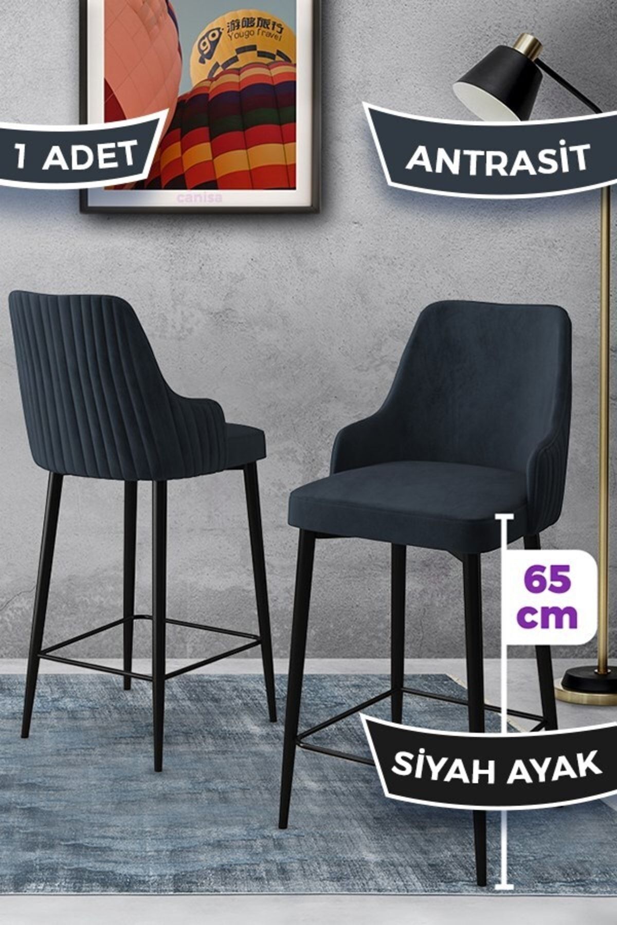 Canisa Tera Serisi 1 Adet 65 Cm Antrasit Ada Mutfak Bar Sandalyesi Babyface Kumaş Siyah Metal Ayaklı
