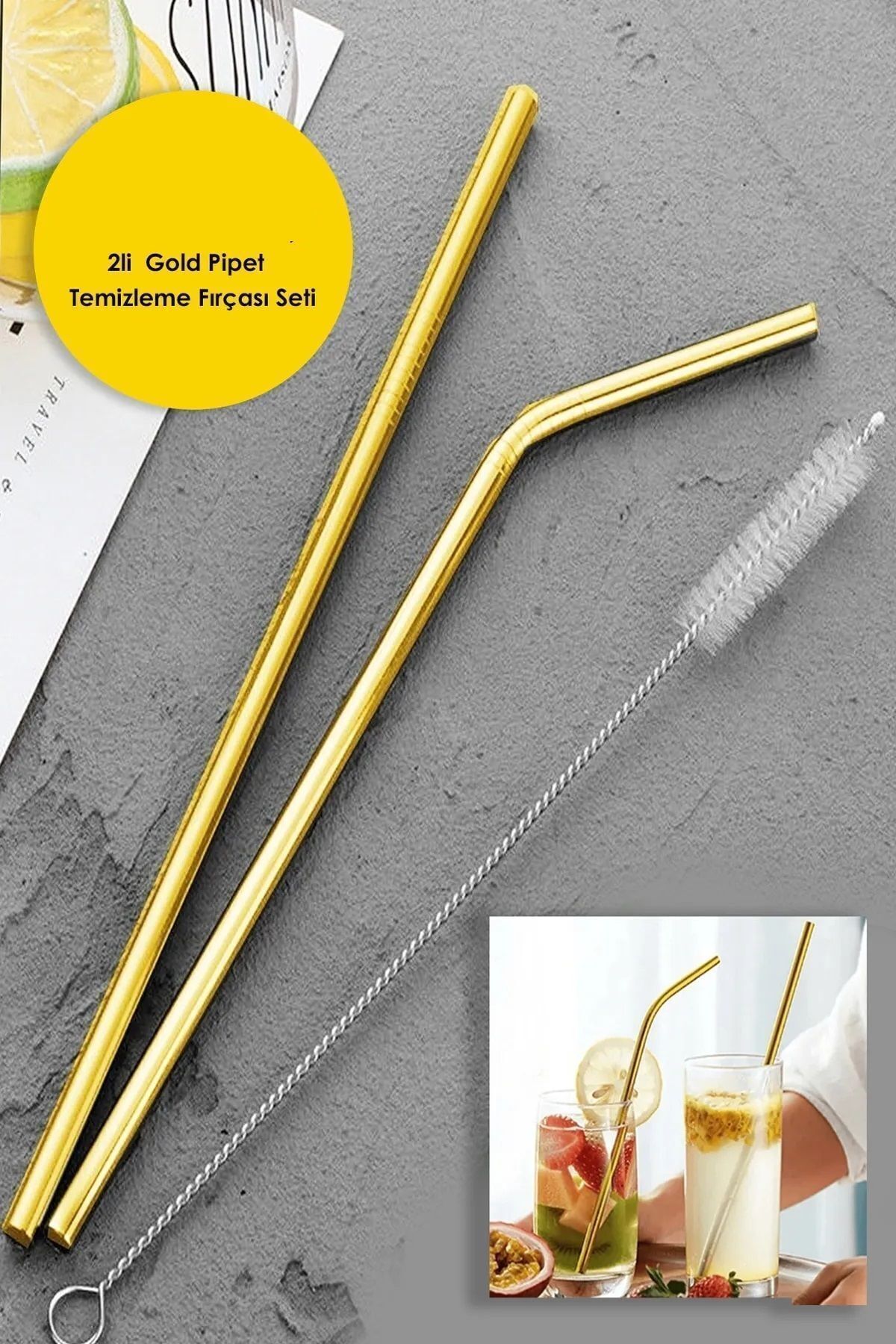Keyfi Sepet 2li Gold Metal Pipet Paslanmaz Çelik Meşrubat Pipeti Çubuk Pipet Temizleme Fırçası