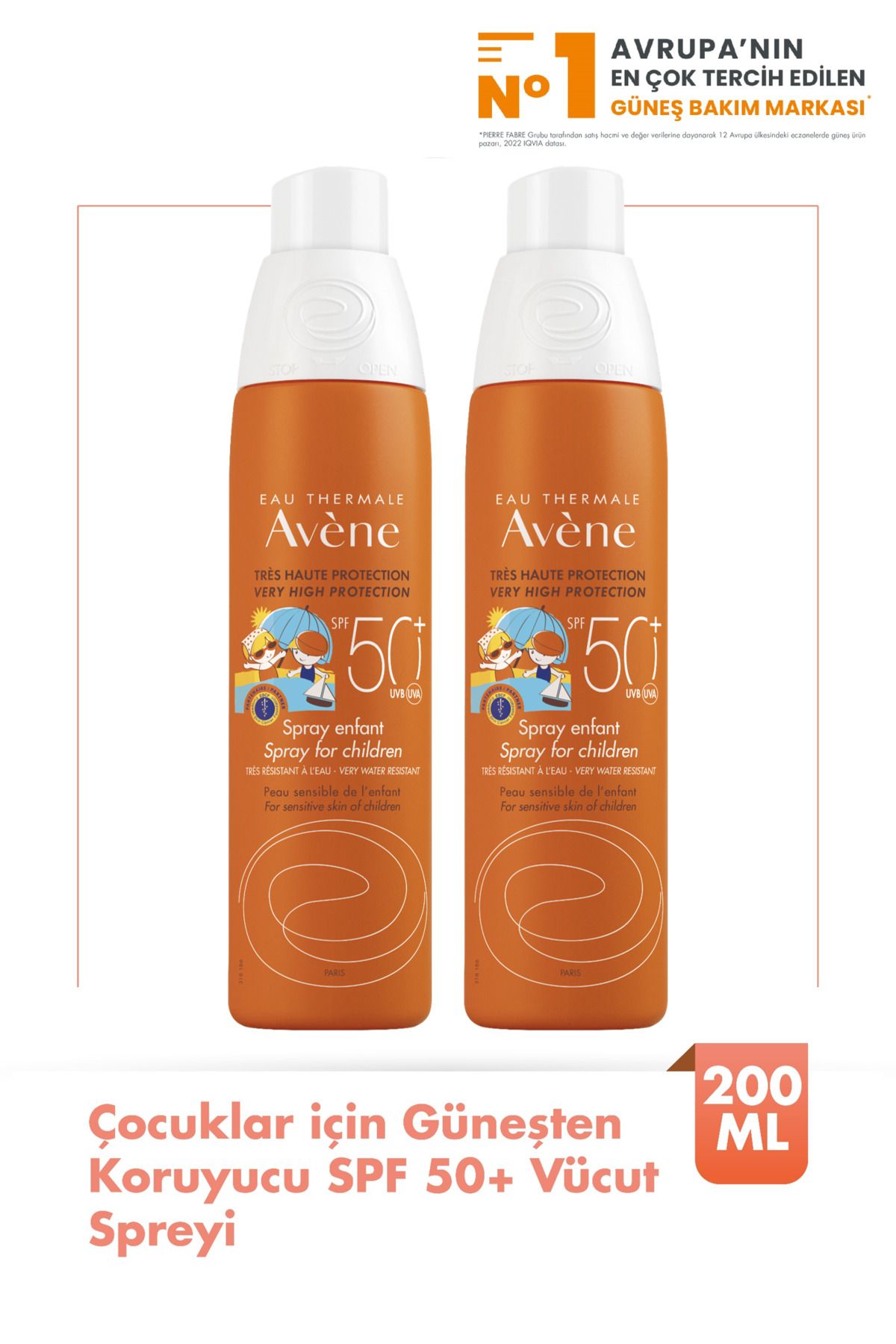 Avene Spray Enfant Spf 50+ Çocuklar İçin Güneşten Koruyucu Vücut Spreyi 200 ml 2'li