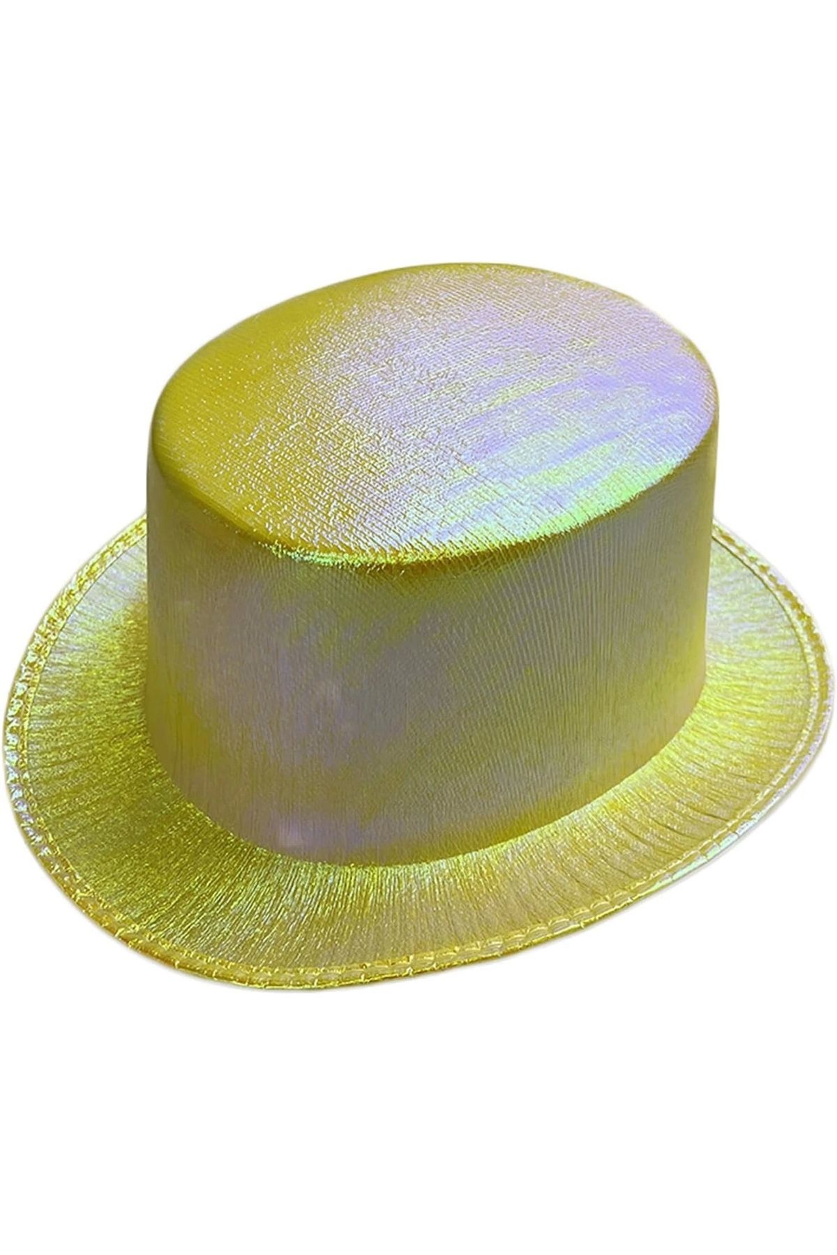 Genel Markalar Sarı Renk Işıltılı Hologram Kumaş Kaplama Fötr Silindir Şapka Yetişkin Boy
