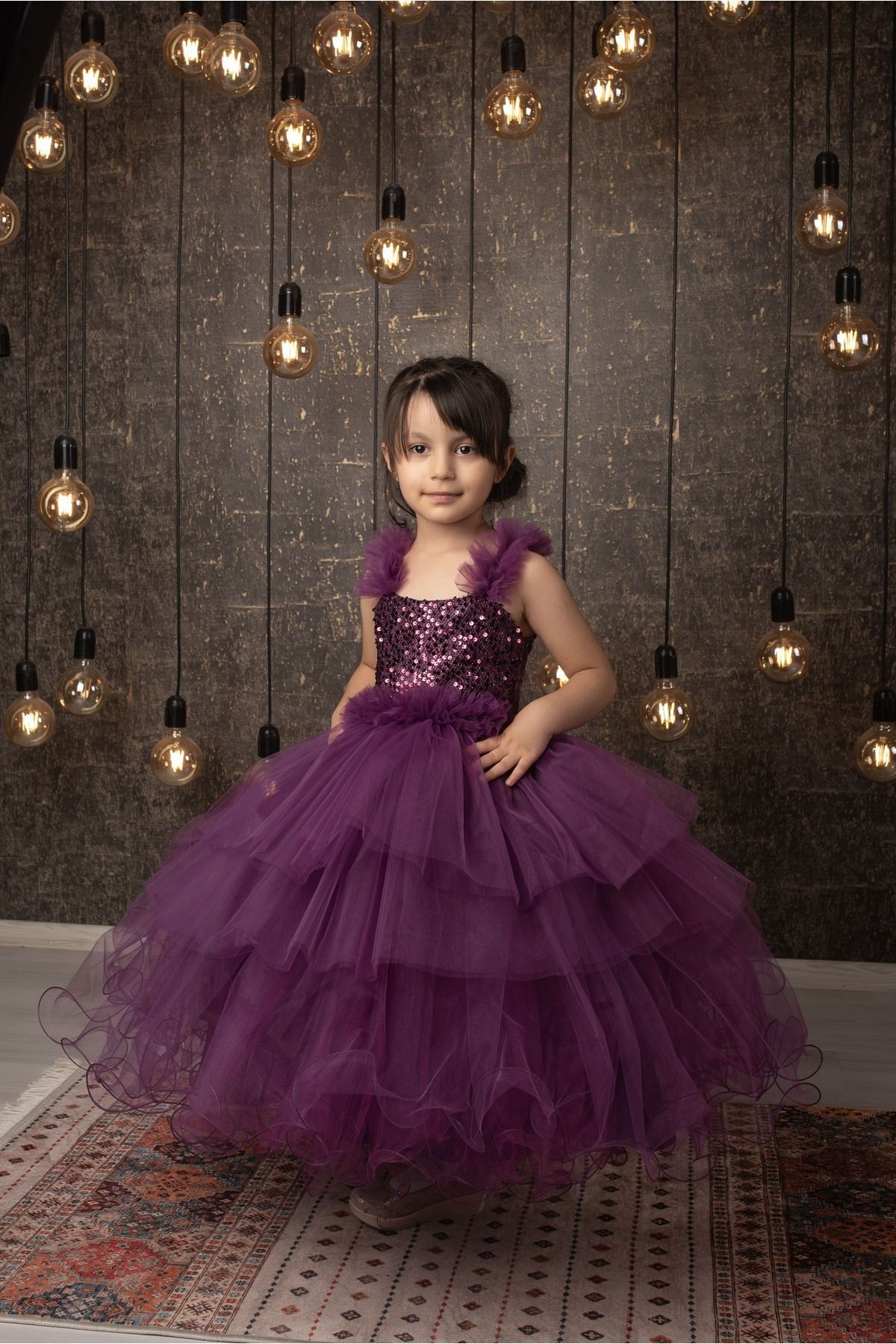 FR Shop F&r Shop Kız Çocuk Kabarık-tarlatanlı Mor Abiye Gelinlik Düğün Elbisesi Özel Seri Pul Işlemeli