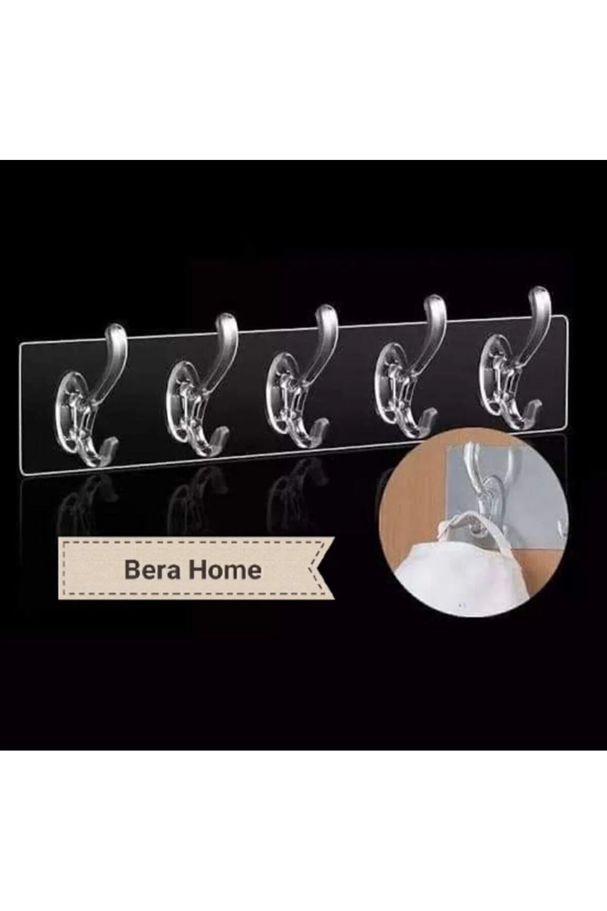 BERA HOME 5'li Kendinden Yapışkanlı Güçlü Şeffaf Askılık - Kapı Arkası Mutfak Duvar Banyo Askı
