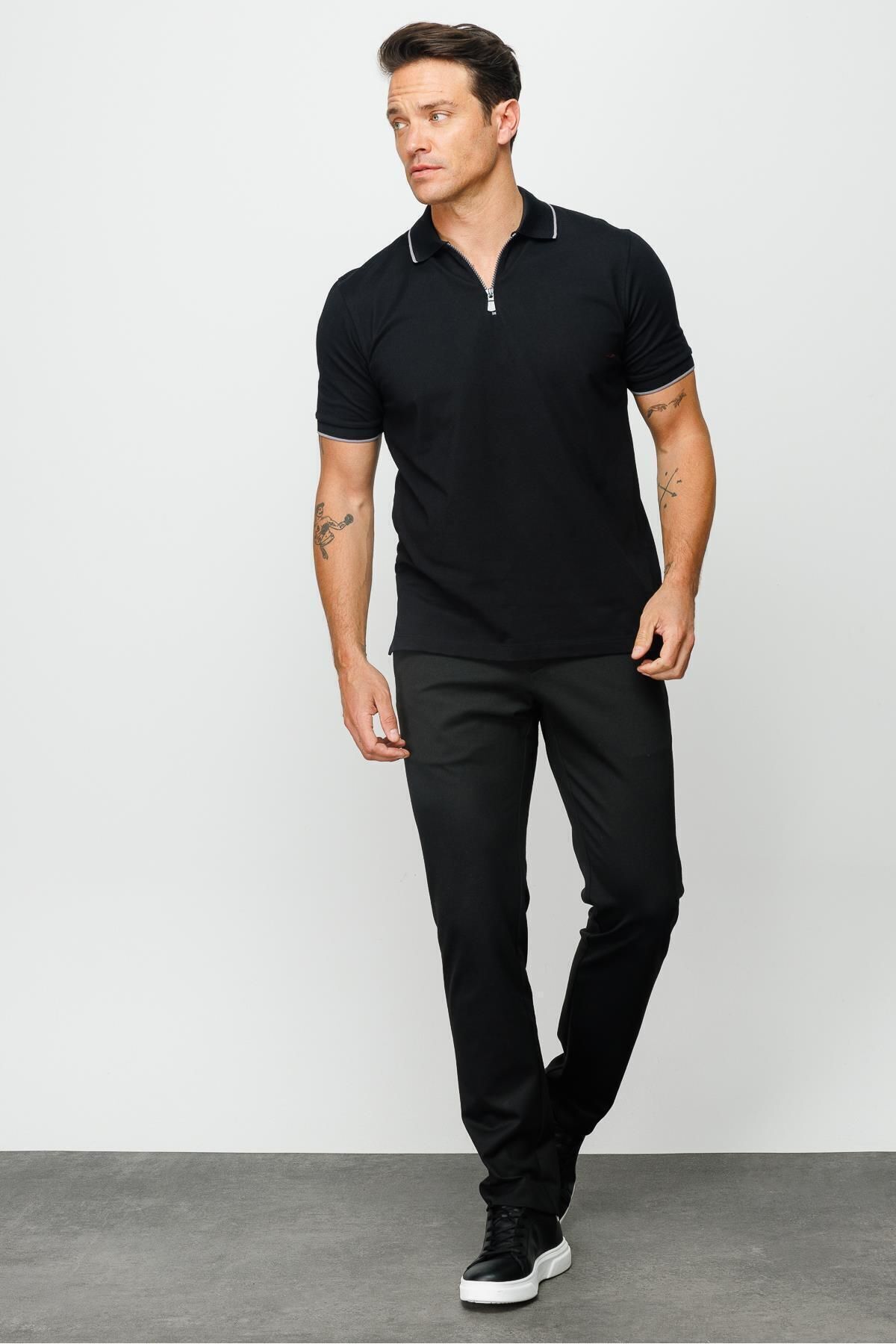 Desen Triko Erkek Fermuarlı Polo Yaka T-shirt Siyah