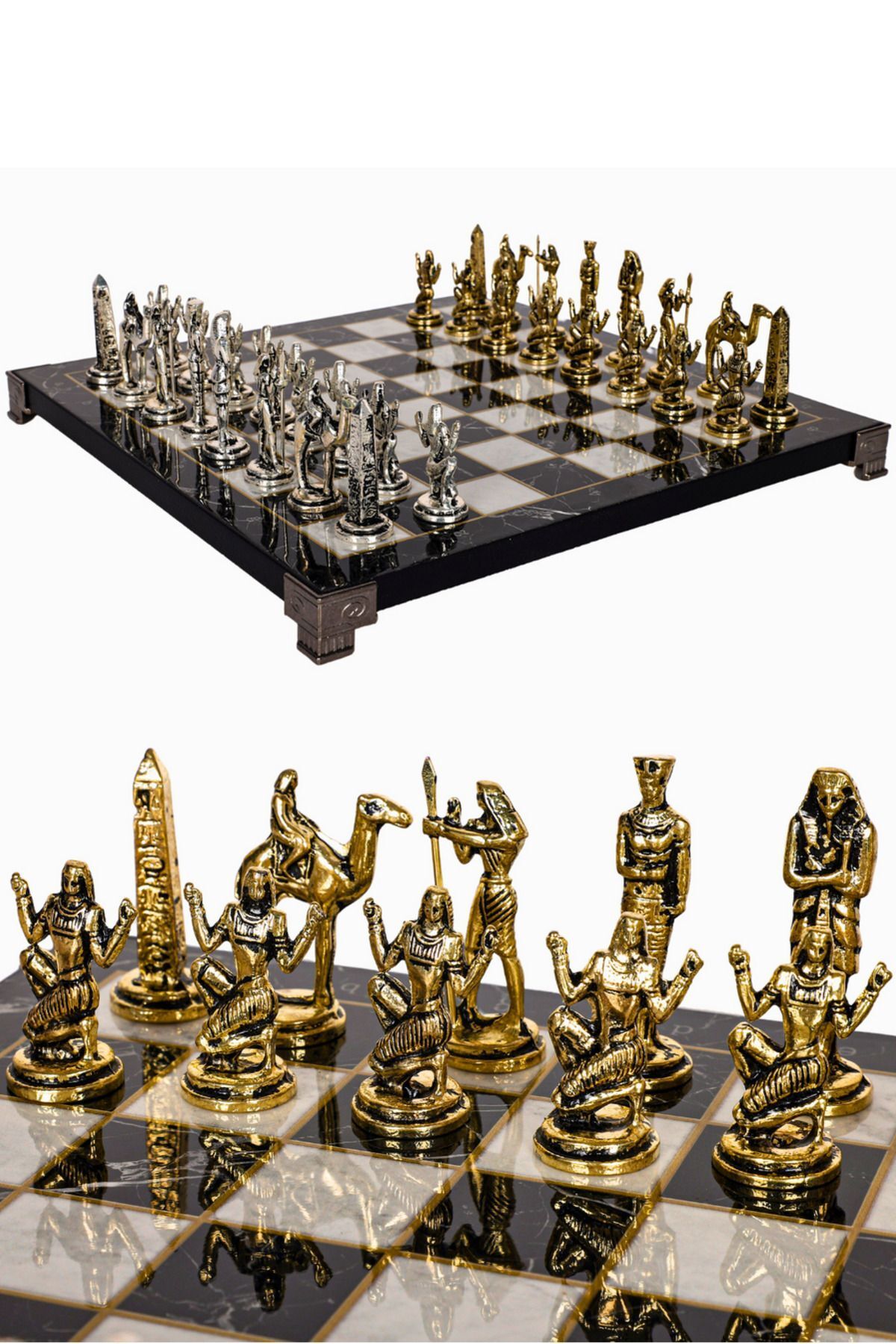 Cooper Chess Metal Satranç Takımı | 30cm Mermer Desenli Satranç Tahtası | Antik Mısır Kleopatra Nefertiti Figürlü