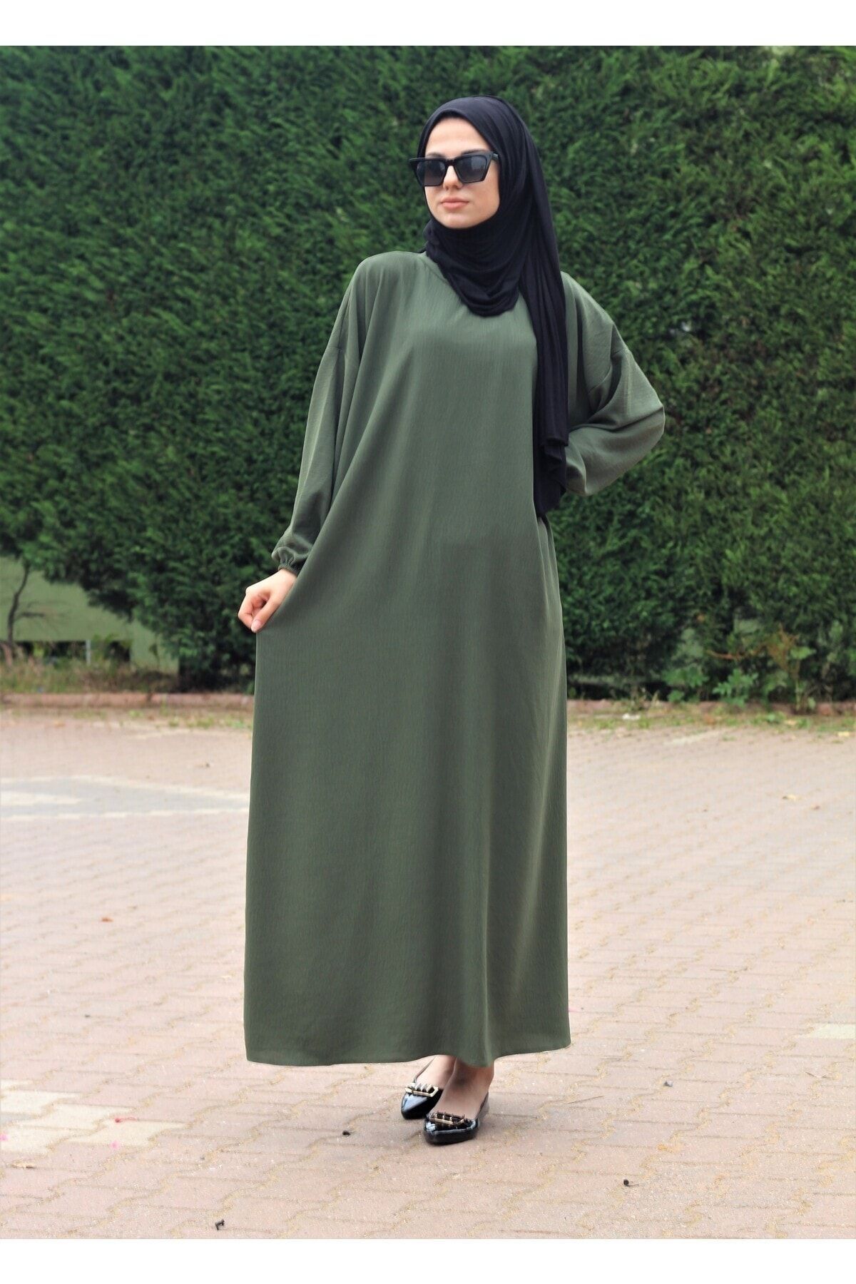 GABRA Ayrobin Kumaş Salaş Haki Renk Ferace Elbise