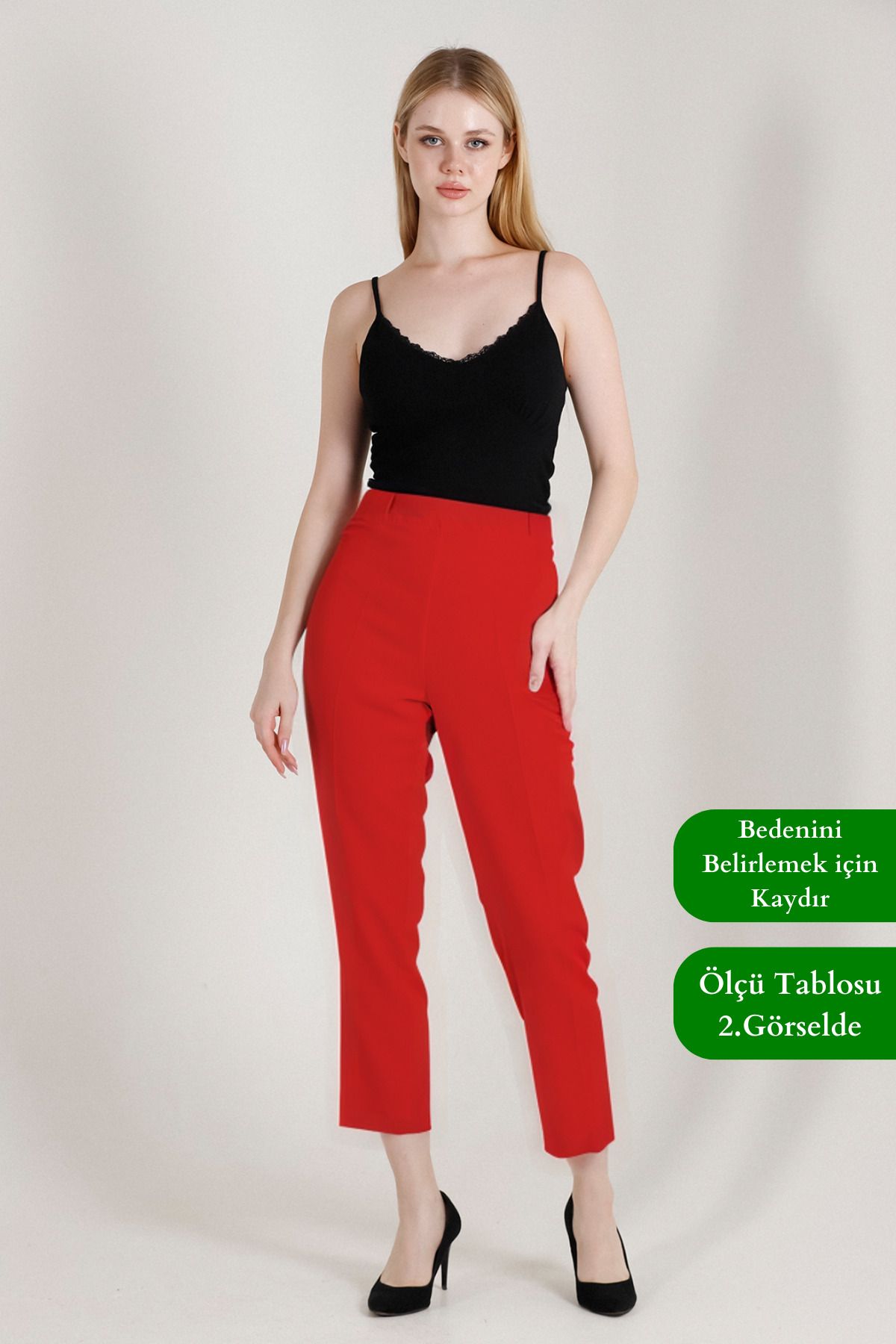 Balenbi 1005 Kırmızı Havuç Paça Yüksek Bel Likralı Dokuma Kadın Pantolon