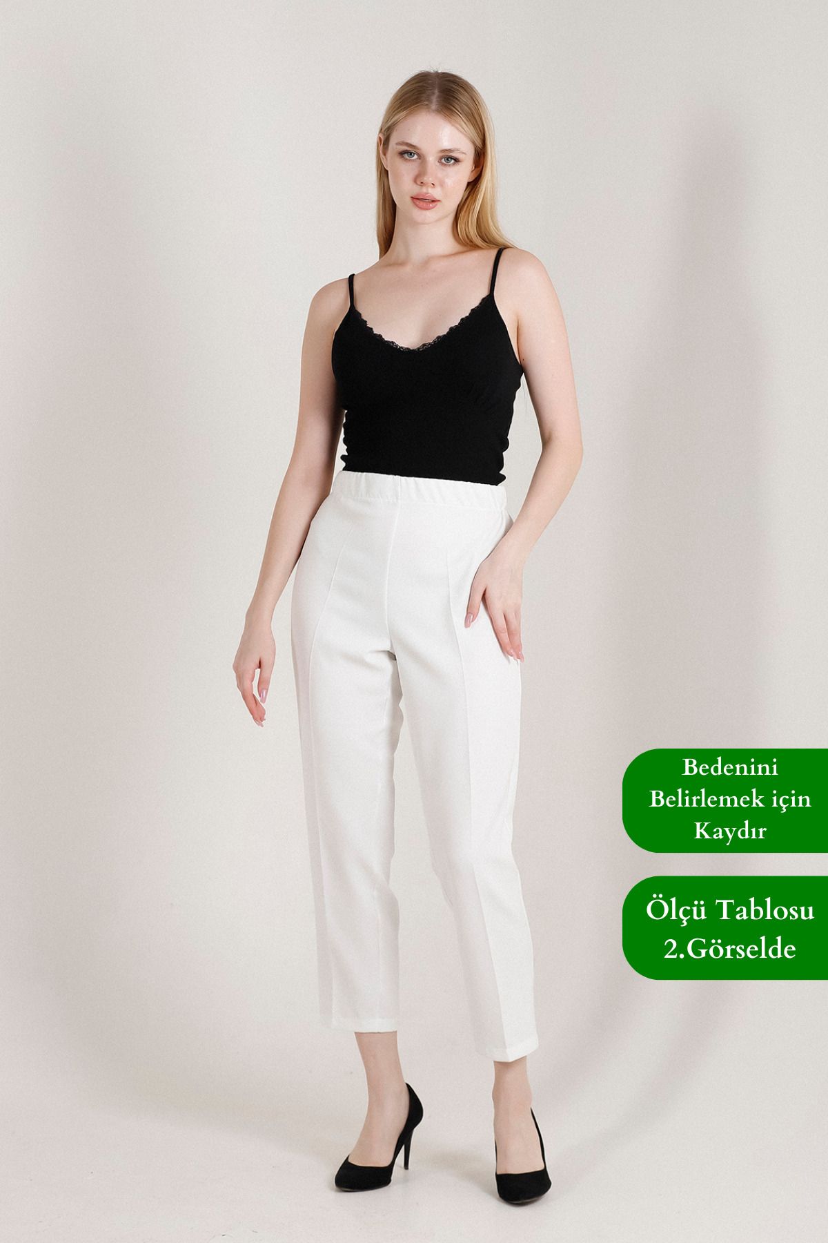 Balenbi 1005 Beyaz Havuç Paça Yüksek Bel Likralı Dokuma Kadın Pantolon