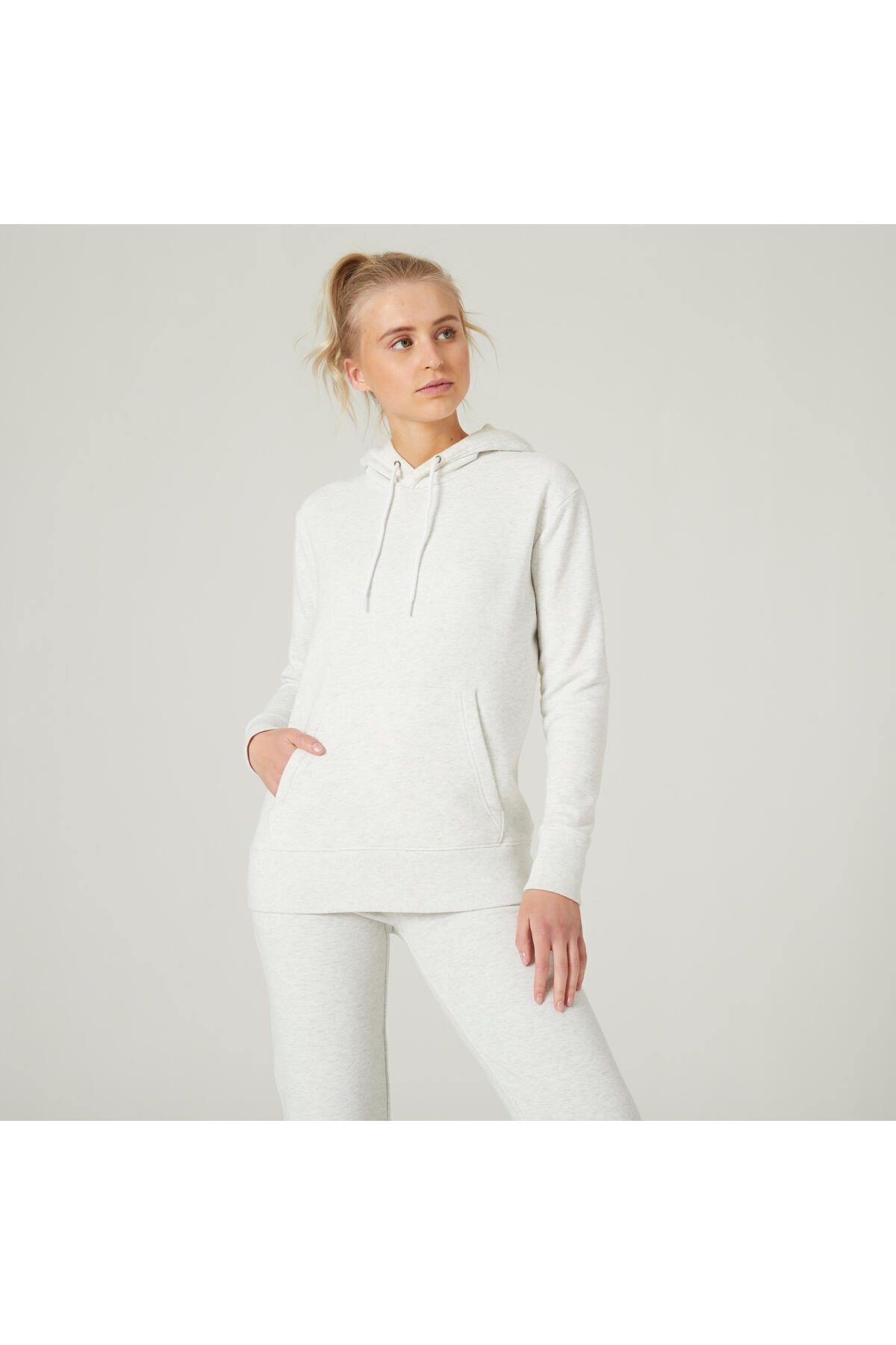 Decathlon Kadın Kırık Beyaz Kapüşonlu Sweatshirt 500 Essentials - Fitness