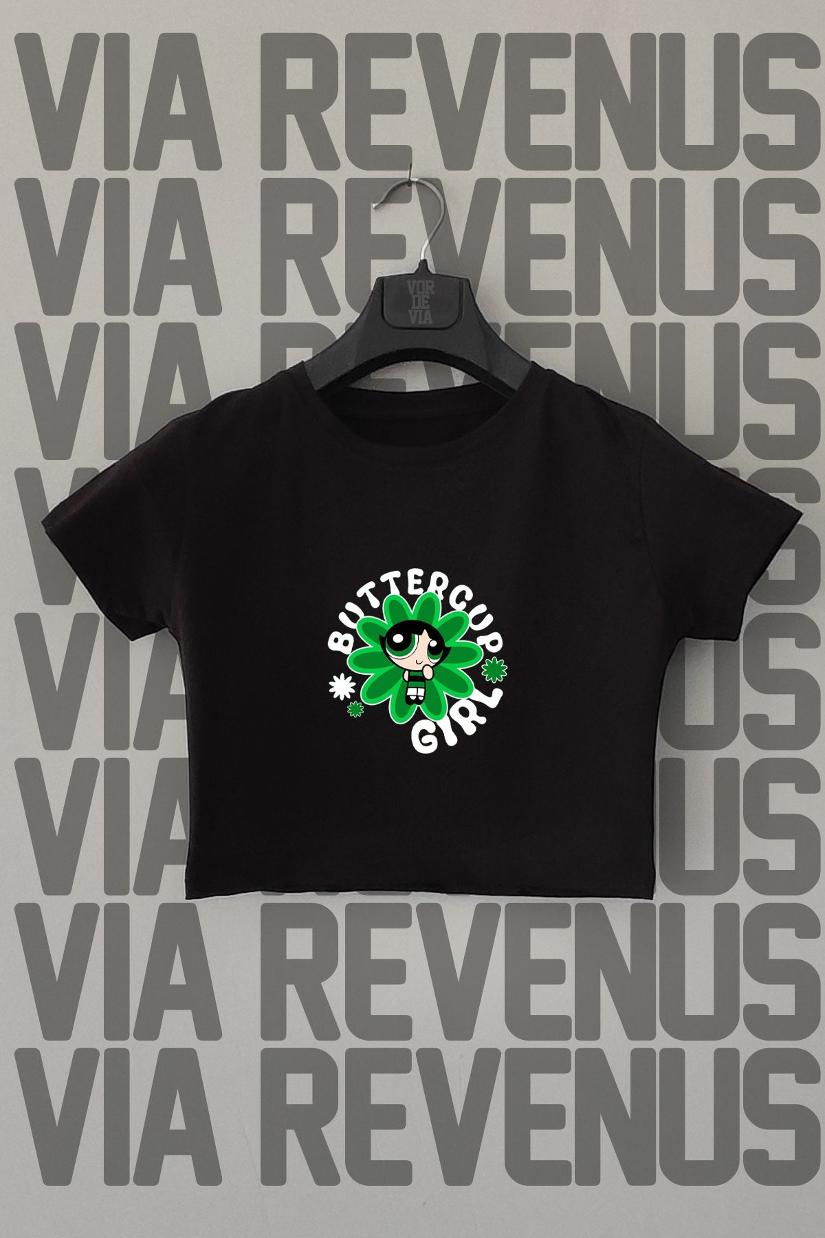Vordevia PowerPuff Girls Buttercup Baskılı Dar Kalıp Bisiklet Yaka Likralı Siyah Crop