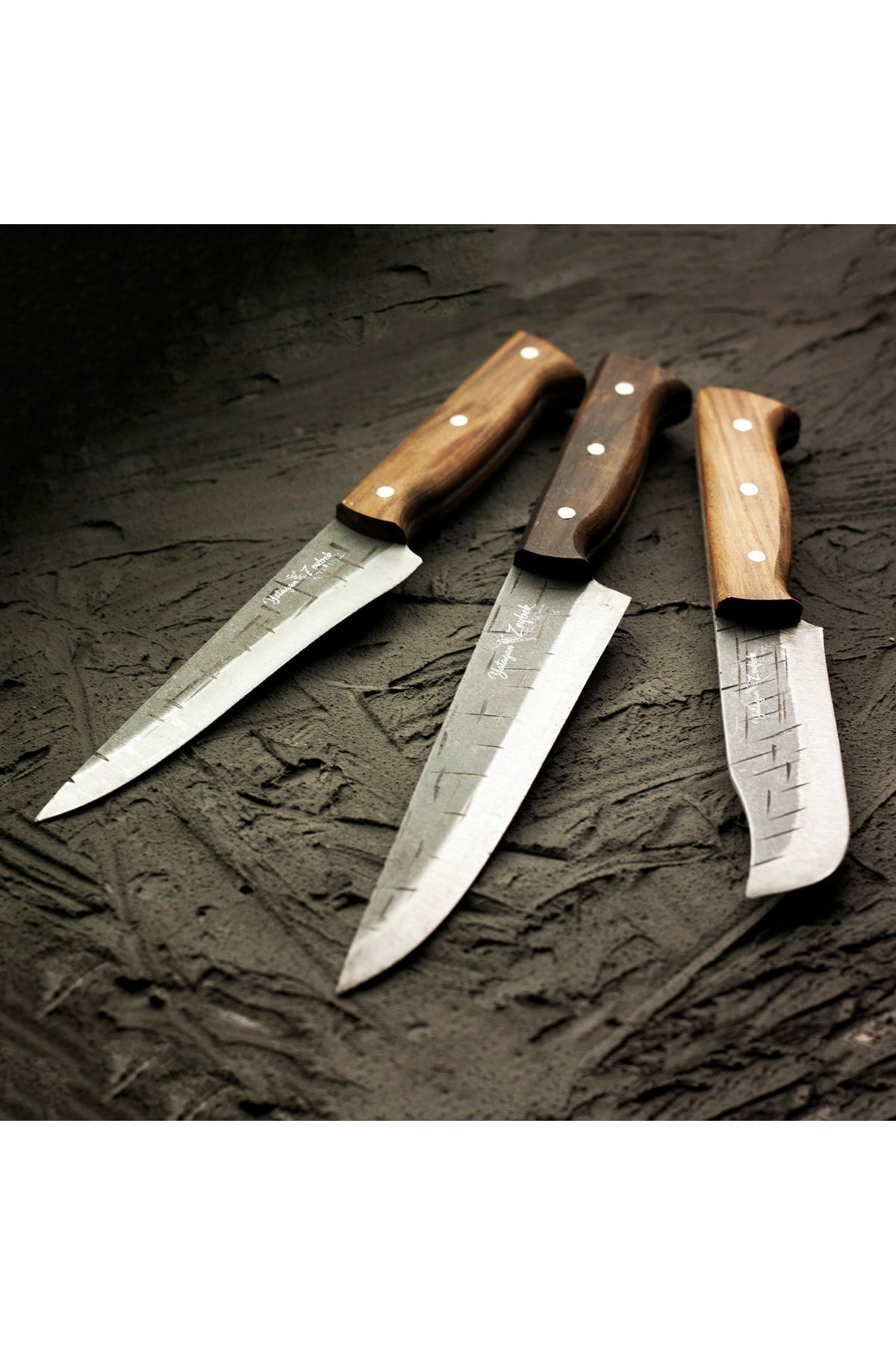 Yatağan Zeybek El Yapımı Dövme Karbon Çeliği 3'lü Et, Kasap & Kurban Bıçağı Seti