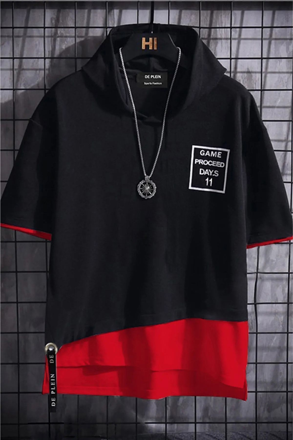 DE PLEIN Unisex Siyah Kırmızı Original %100 Pamuk Kumaş Oversize Kapüşonlu T-shirt Böyük Ölçülü Qısaqol