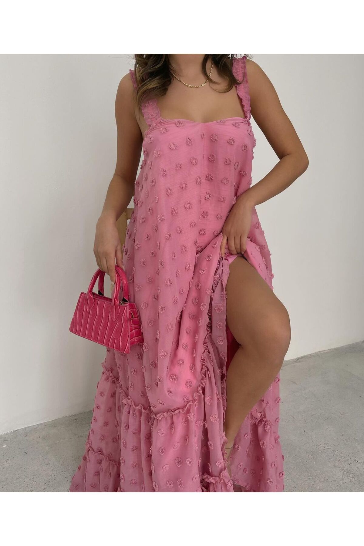 Neqru Kadın Astarlı Kat Kat Çiçek İşli Yazlık Şifon Elbise