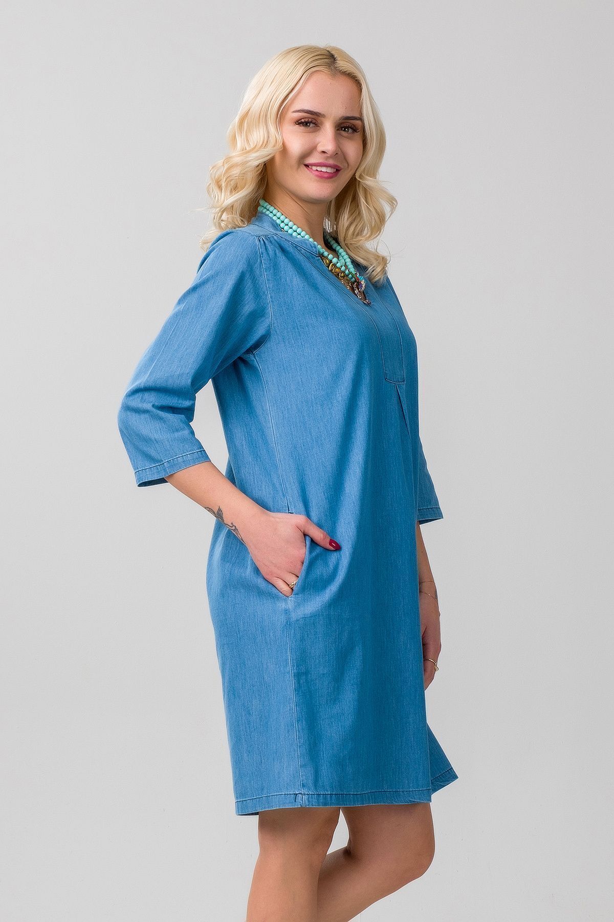 Bold & Young Kadın İndigo Açık Mavi Cepli 3/4 Kol Yıkanmış Pamuklu Efsane Kot Elbise