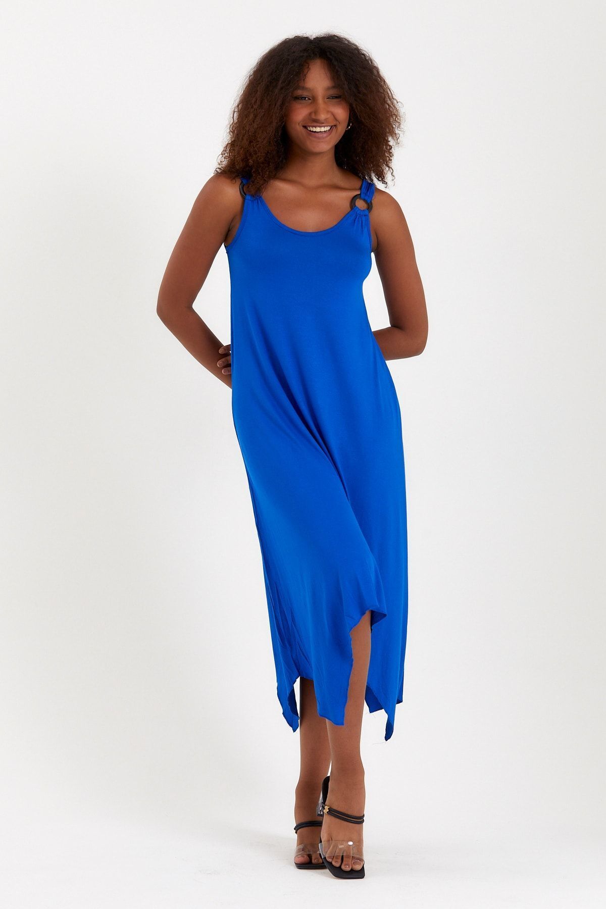 Meba Mavi Yazlık Kalın Askılı Asimetrik Kesim Likralı Penye Elbise
