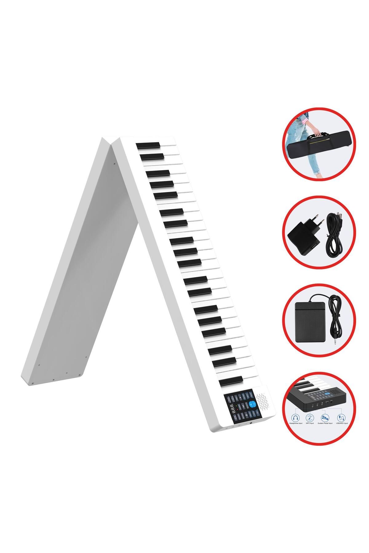 JWIN Jdp-8800 Katlanabilir Tuş Hassasiyetli Bluetooth Şarjlı Piyano - Beyaz