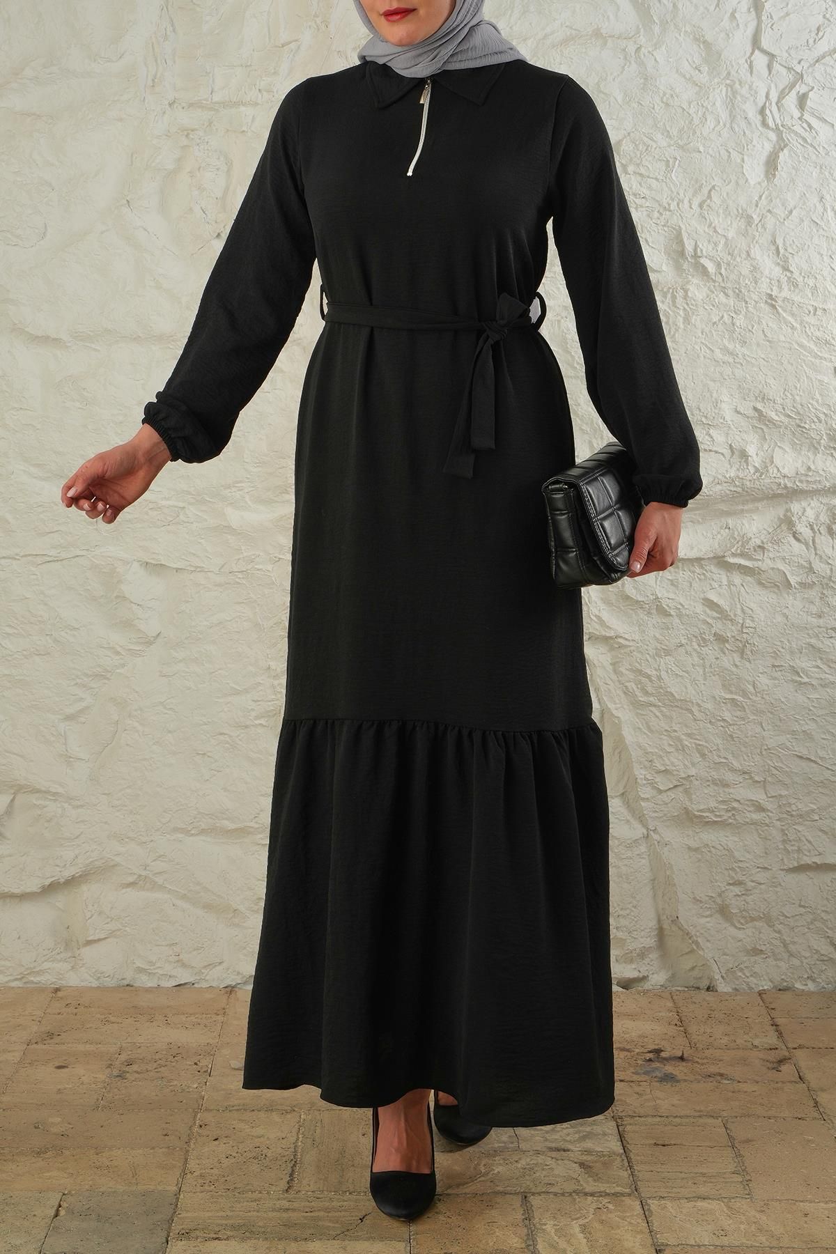 LİVE SPORT Kadın Aurobin Kumaş Yarım Fermuarlı Tam Boy Elbise - Siyah
