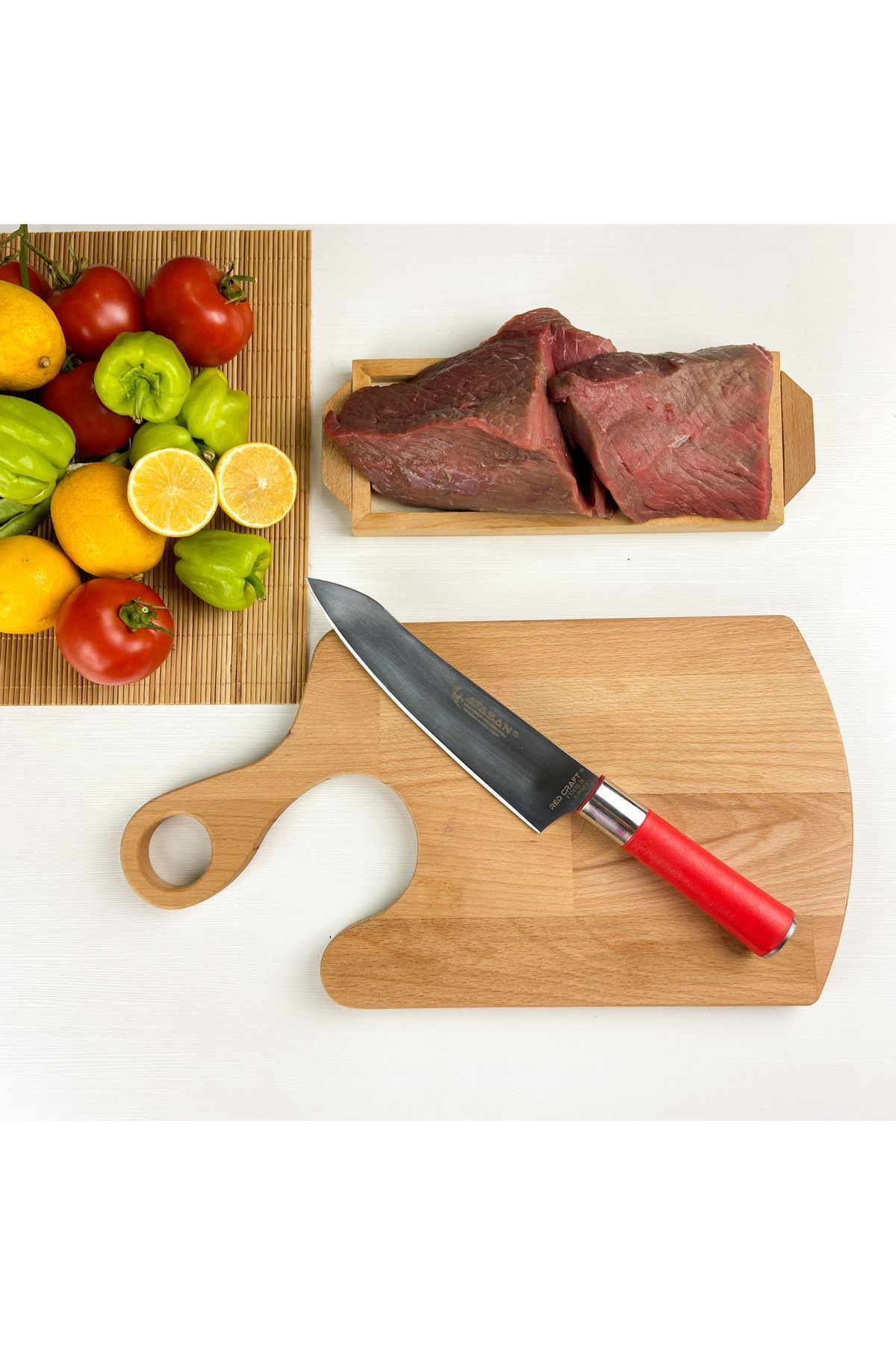 atasan Eğri Santoku Mutfak Bıçağı Et Ekmek Meyve Sebze Şef Bıçağı Red Craft Serisi Keskin Bıçak No: 1