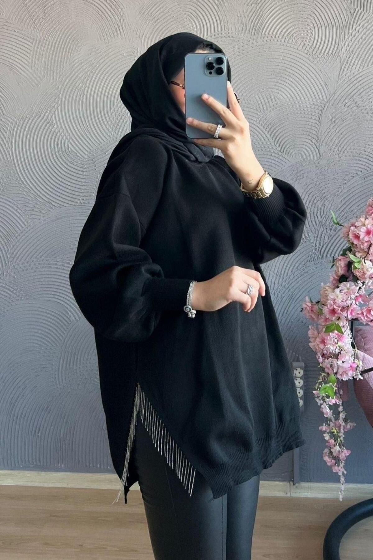 Şule Giyim Yarı Zincirli Triko Kazak Siyah
