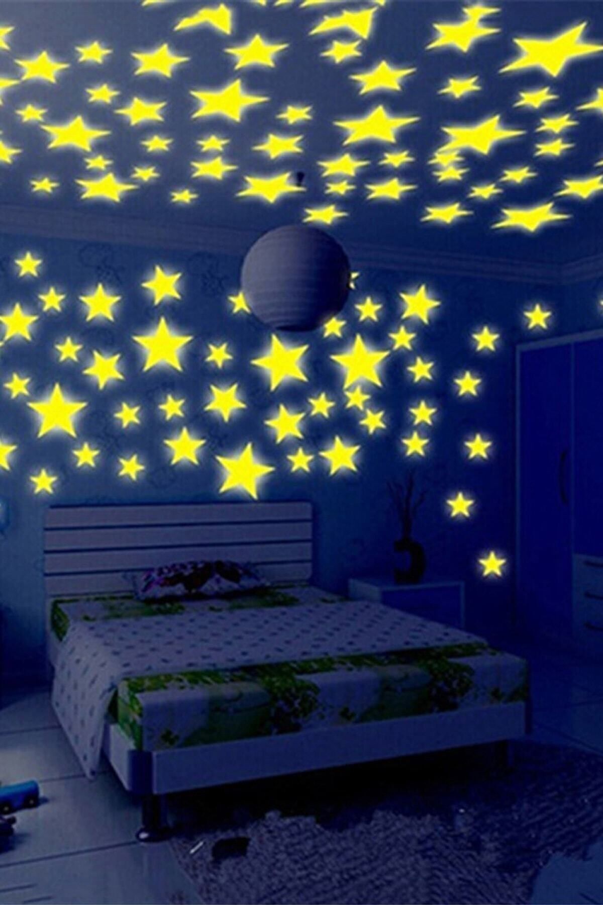 Bundera 100 Adet Fosforlu Yıldız Karanlıkta Parlayan Ay Gökyüzü Gezegen Çocuk Odası Duvar Tavan Süsü Sticker