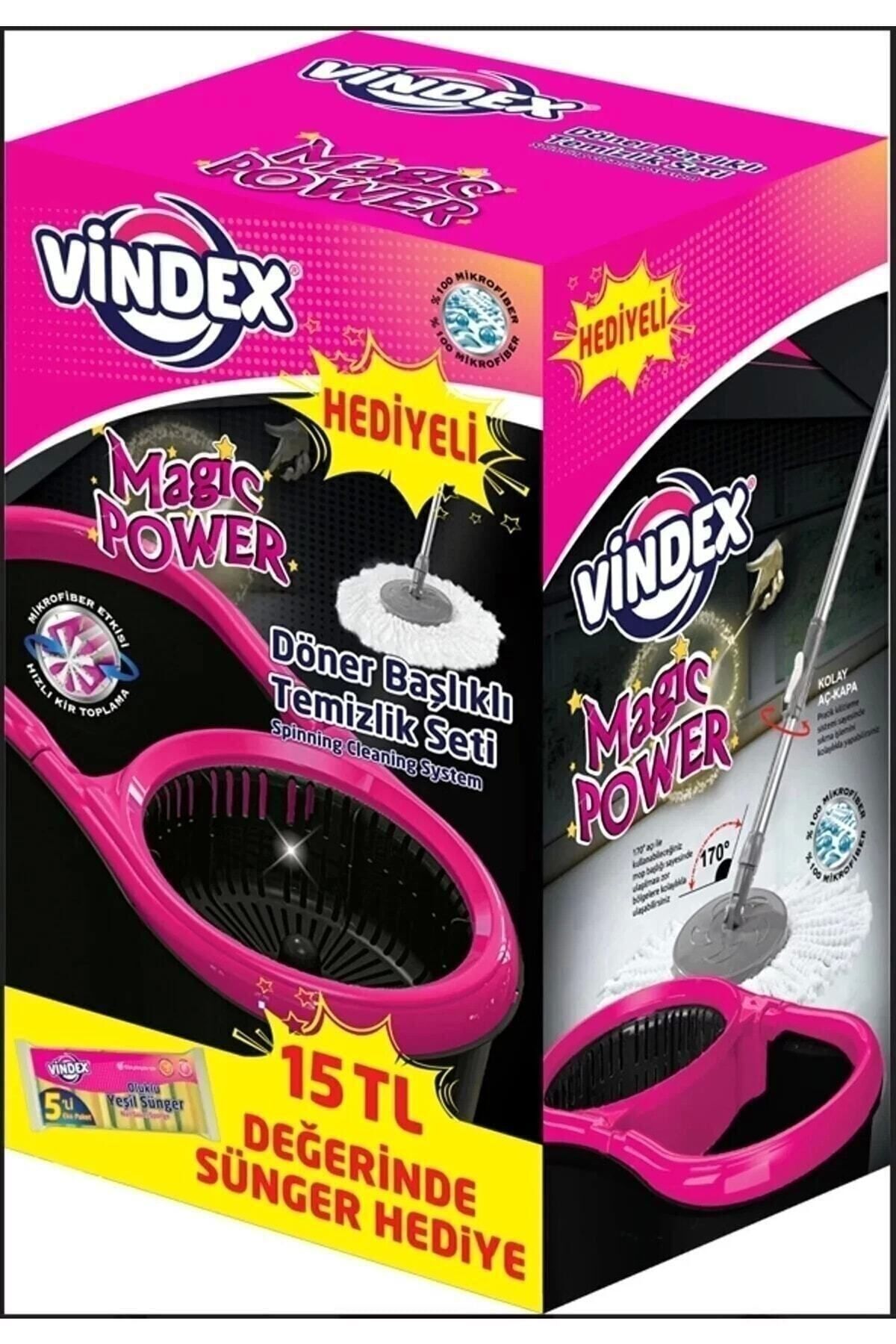 Vindex Magic Power Döner Başlıklı Temizlik Seti (SİYAH) (5 Lİ SÜNGER HEDİYELİ)