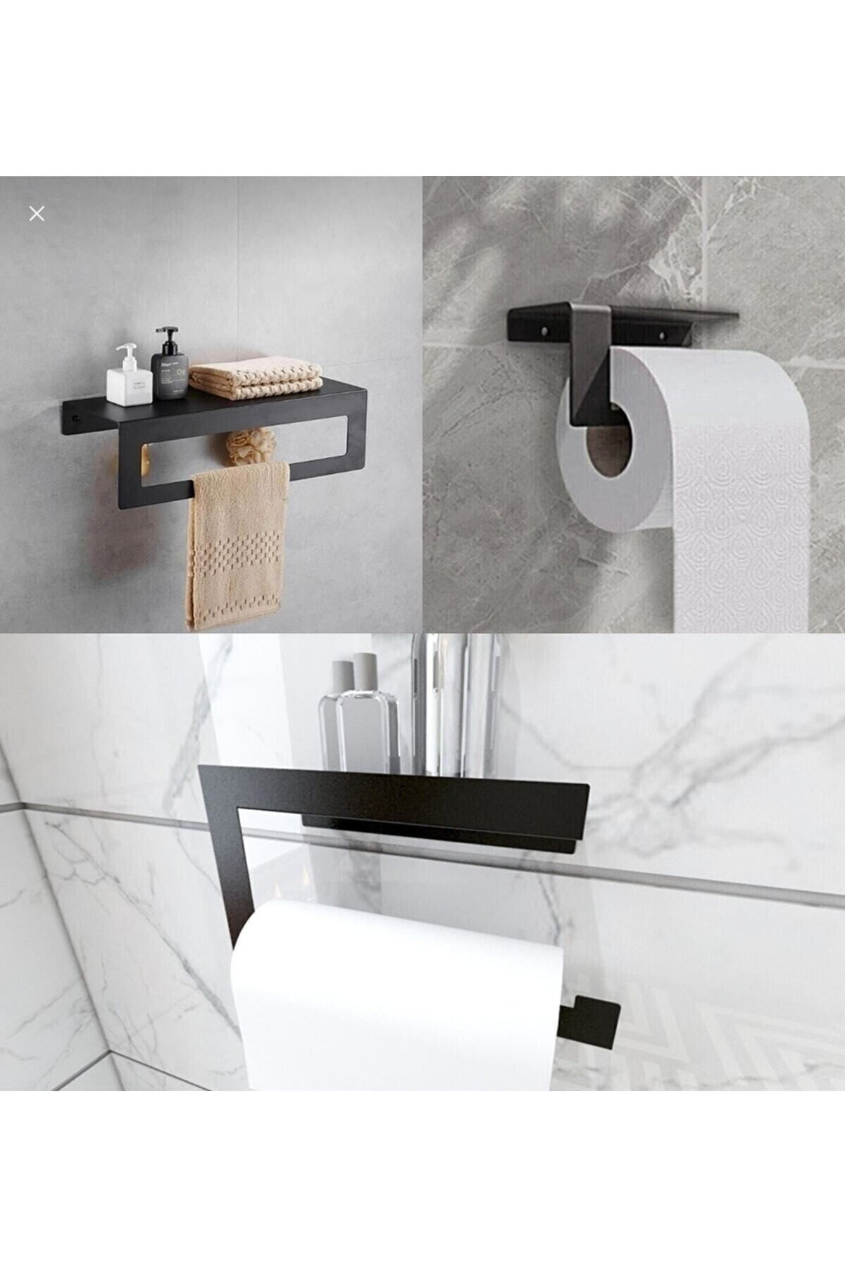 RimedaMetal Modern Metal 3'lü Set Raflı Banyo Havlu Askılığı-rolu Havlu Askılığı -tuvalet Kağıtlığı