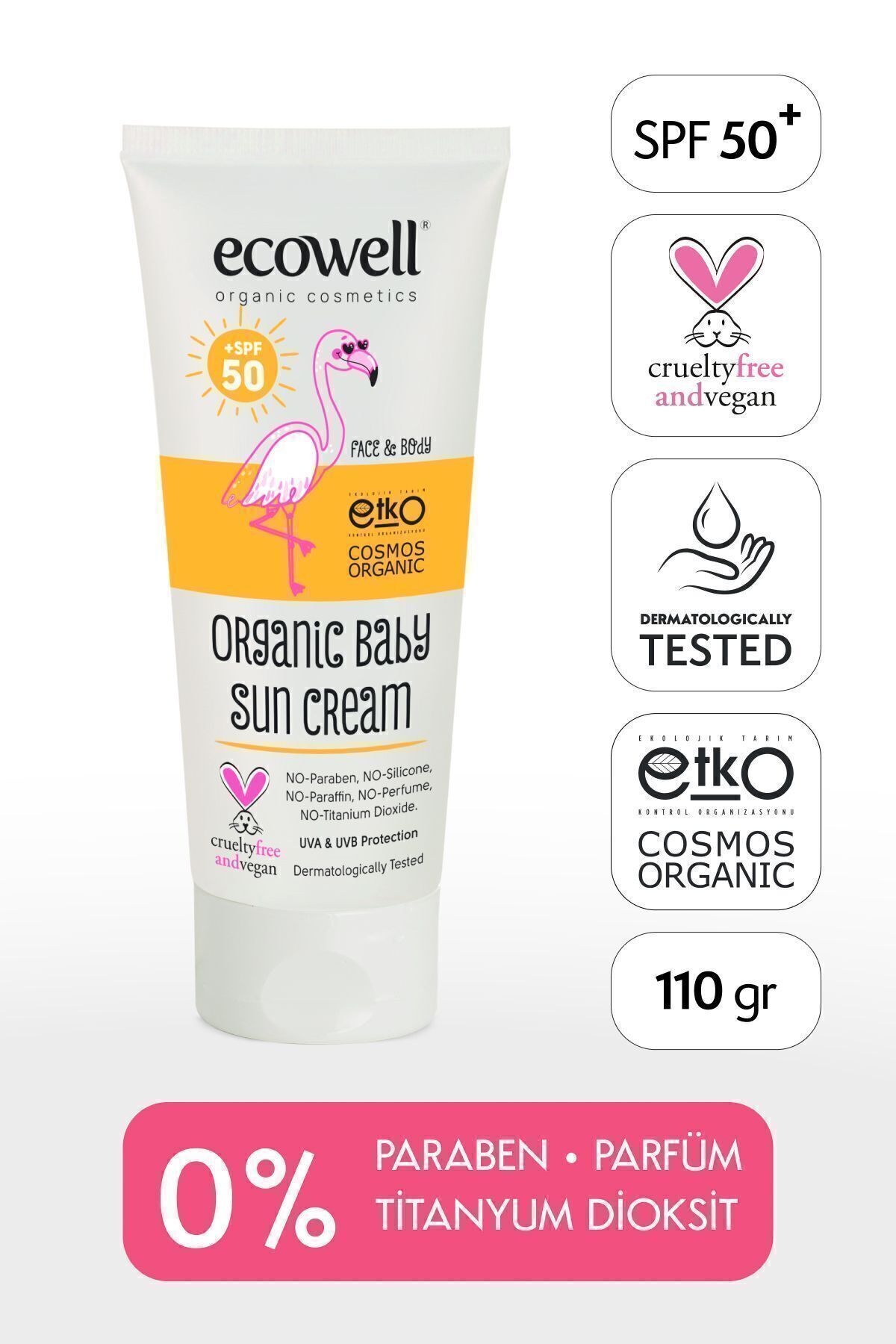 Ecowell Bebek Güneş Kremi Spf 50, Organik & Vegan Sertifikalı, Mineral Filtre, Uva & Uvb Yüksek Koruma 110gr