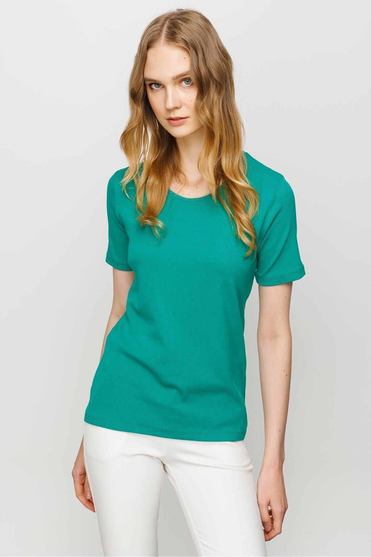 Desen Triko Kadın Sıfır Yaka Kısa Kol Pamuk Kaşkorse T-shirt Yeşil