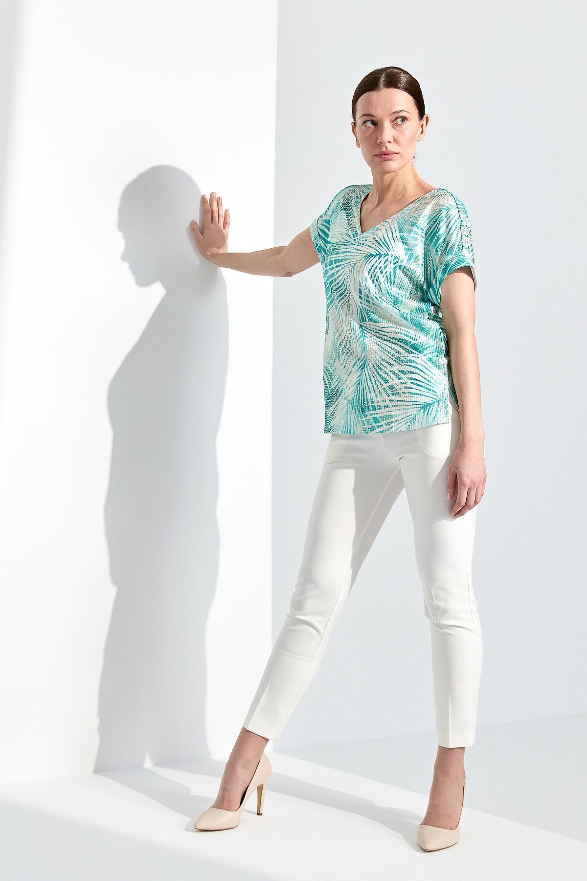 Desen Triko Kadın V Yaka Parlak Kumaş Penye Bluz Yeşil