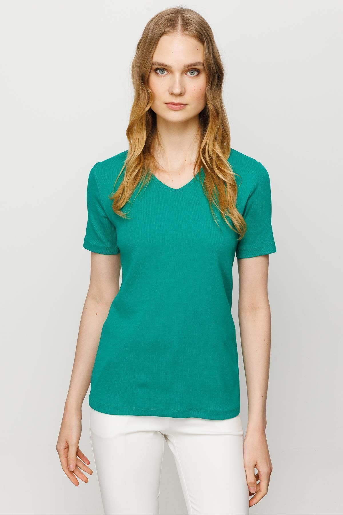 Desen Triko Kadın V Yaka Kaşkorse Pamuk T-shirt Yeşil