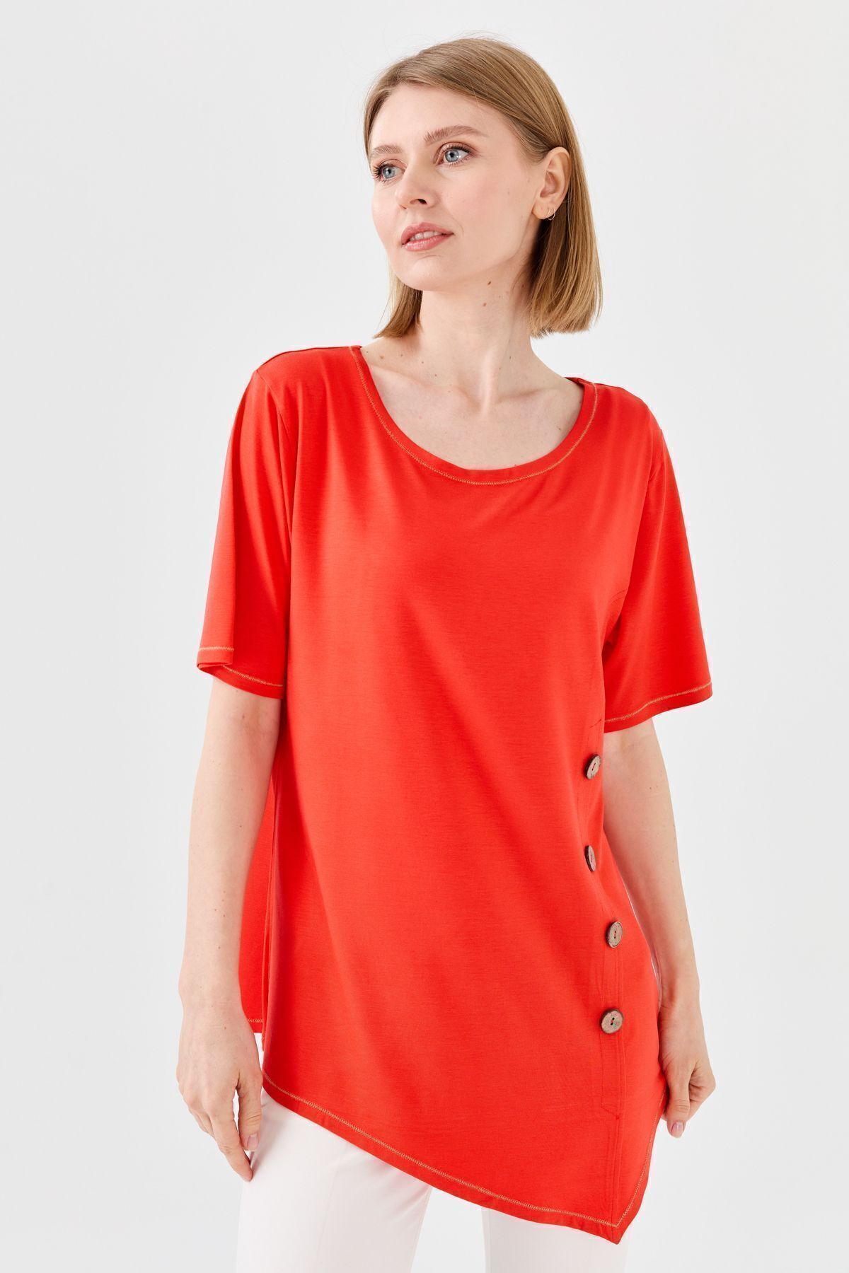 Desen Triko Kadın Sıfır Yaka Önü Ahşap Düğmeli Penye T-shirt Oranj