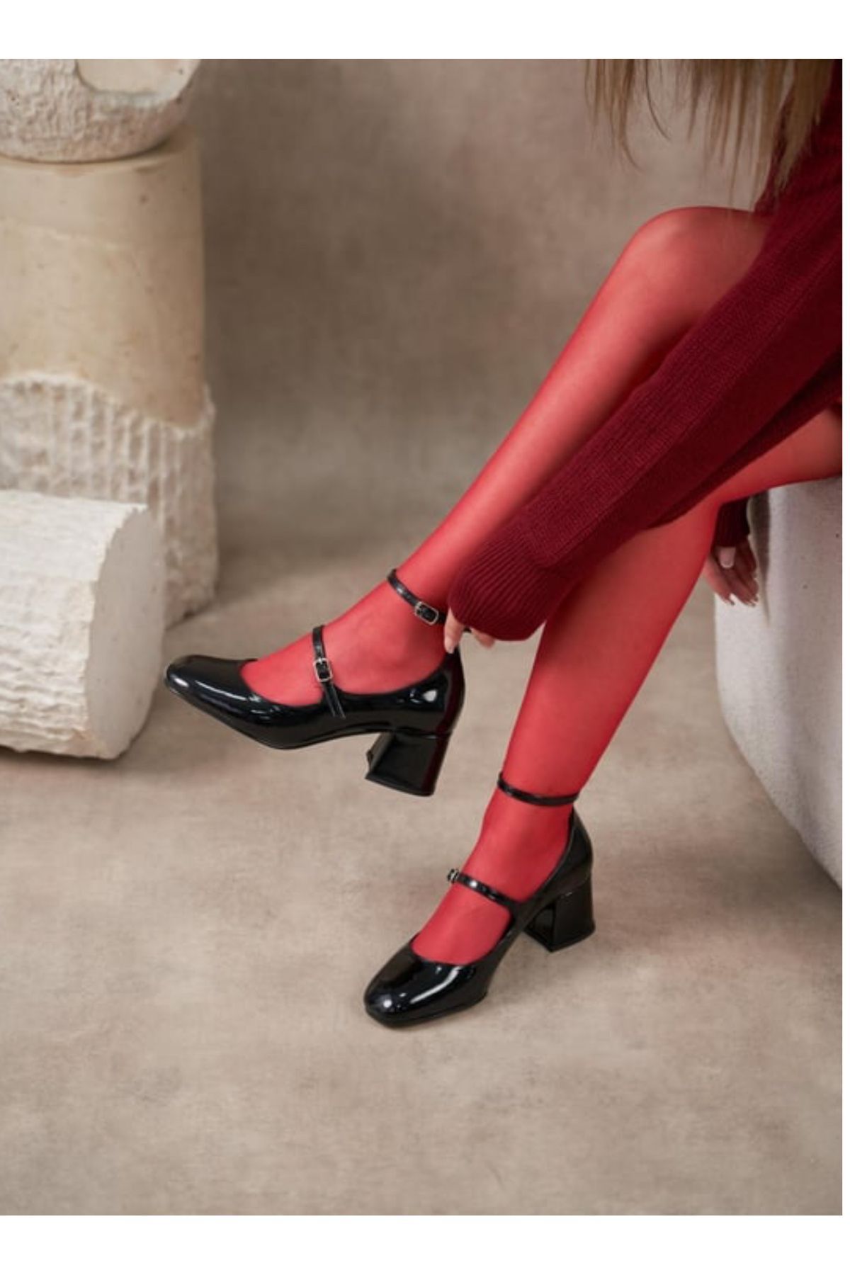 Mio Styllo Kamira Siyah Rugan Çift Tokalı Kadın Topuklu Ayakkabı