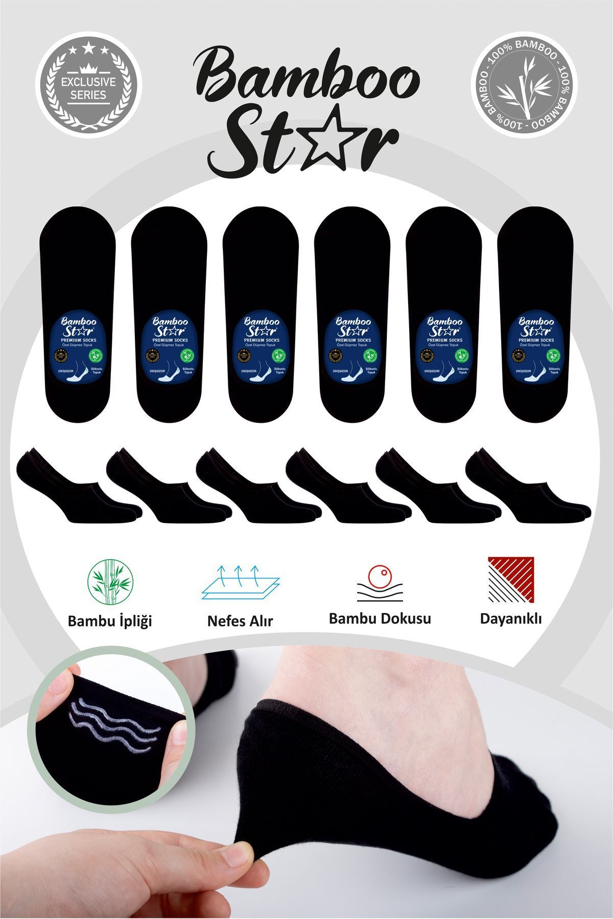 bamboo star Bambu Erkek Babet Siyah Çorap Dikişsiz Görünmez Kaydırman Topuk Silikonlu Premium 6'lı Siyah Paket
