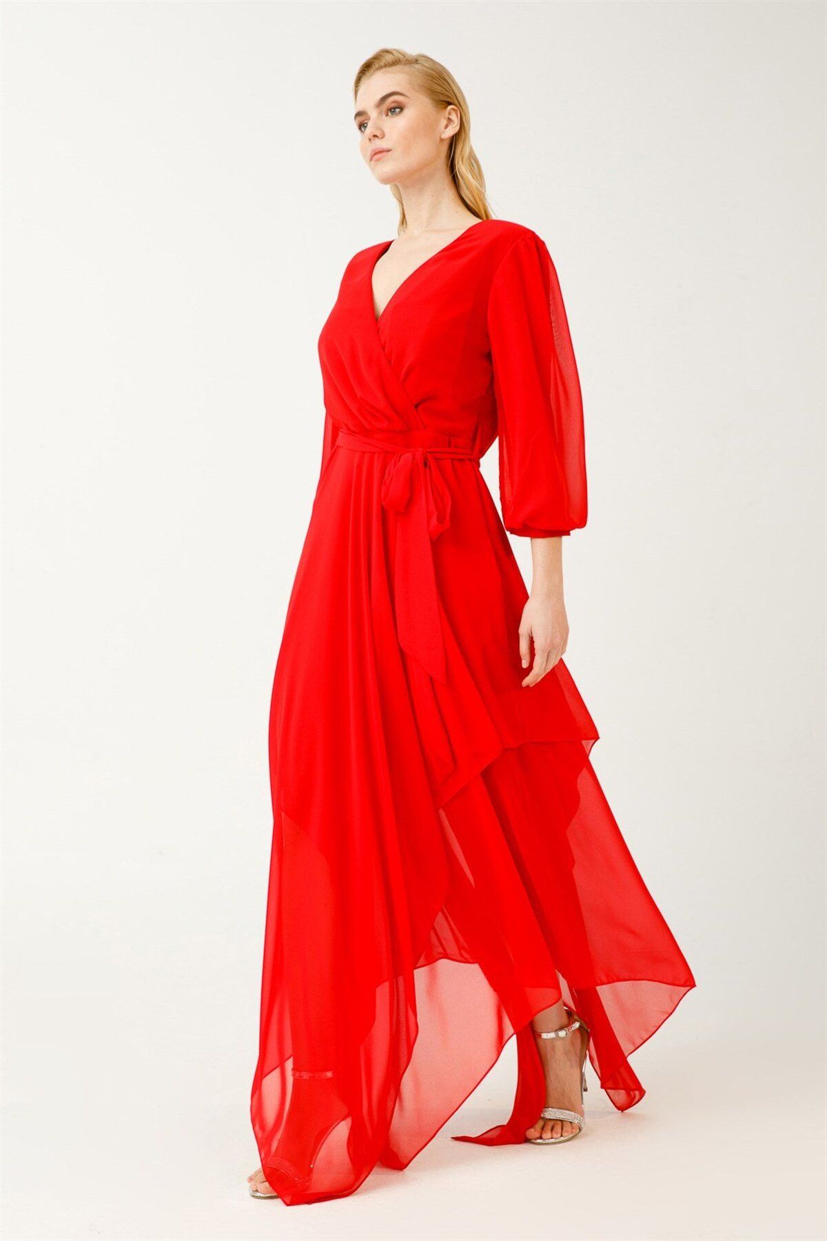 accort Kruvaze Yaka Asimetrik Şifon Elbise - Kırmızı