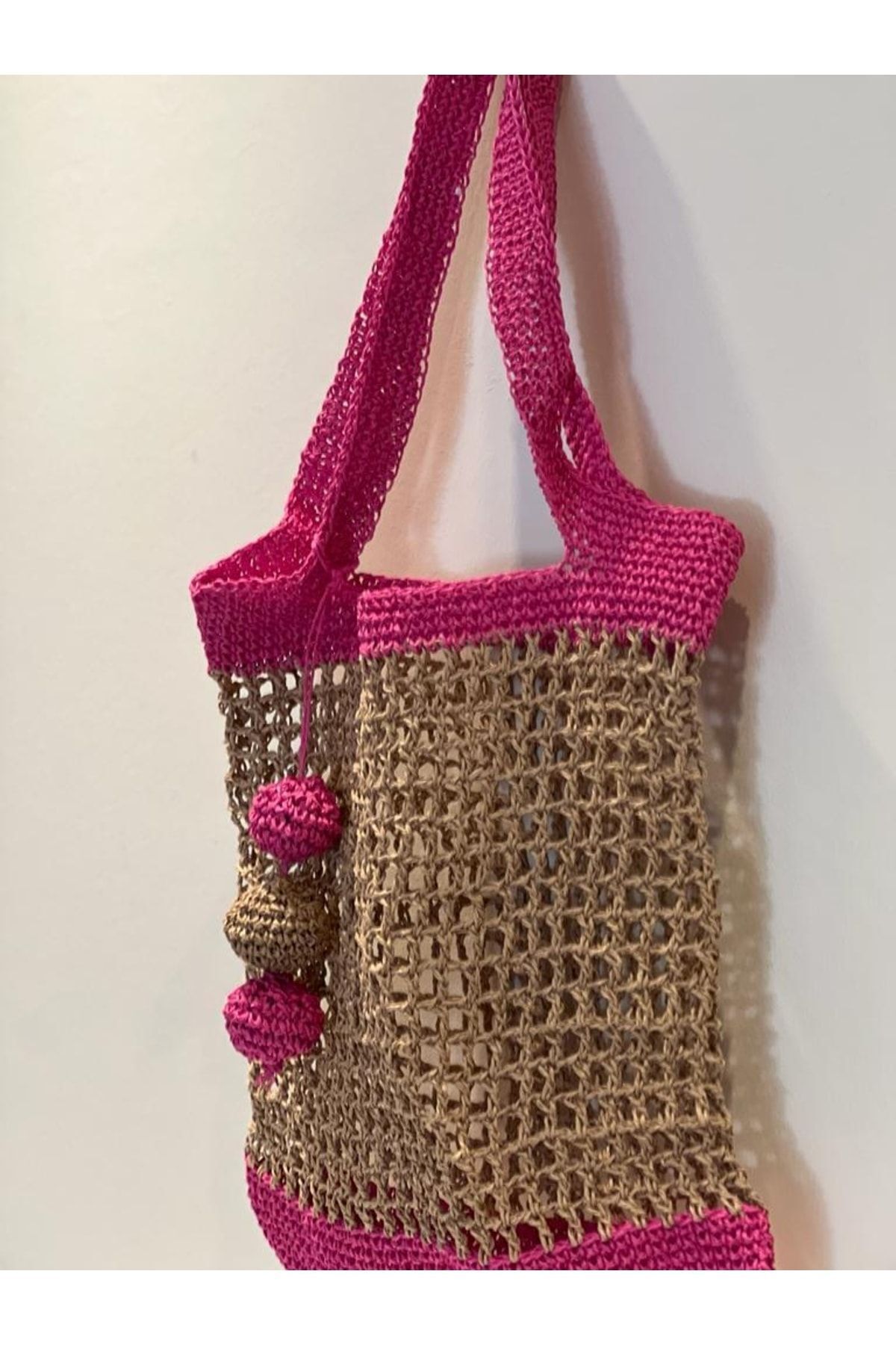 pixiperi Bohem, Hasır Dolgulu El Örgüsü Crochet Ponpon Süslü Hasır Fuşya-pembe Askılı Kadın Omuz Çantası