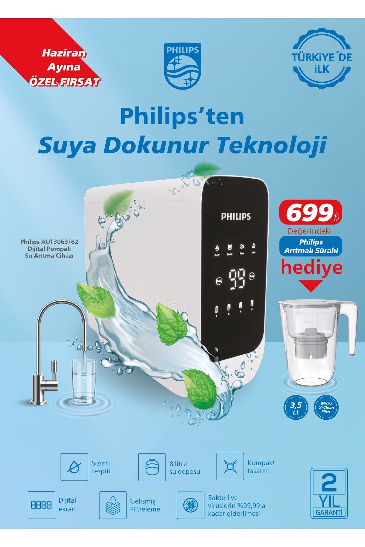 Philips Aut3063/62 Dijital Pompalı Su Arıtma Cihazı (ARITMALI SÜRAHİ HEDİYELİ)